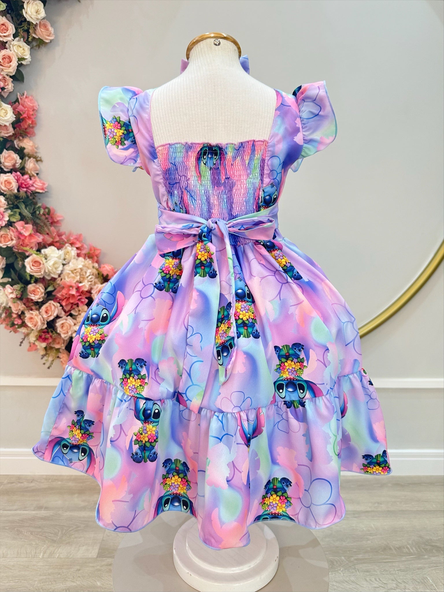 Vestido Infantil Lilo Stitch e Angel C/ Laço Lilás Colorido