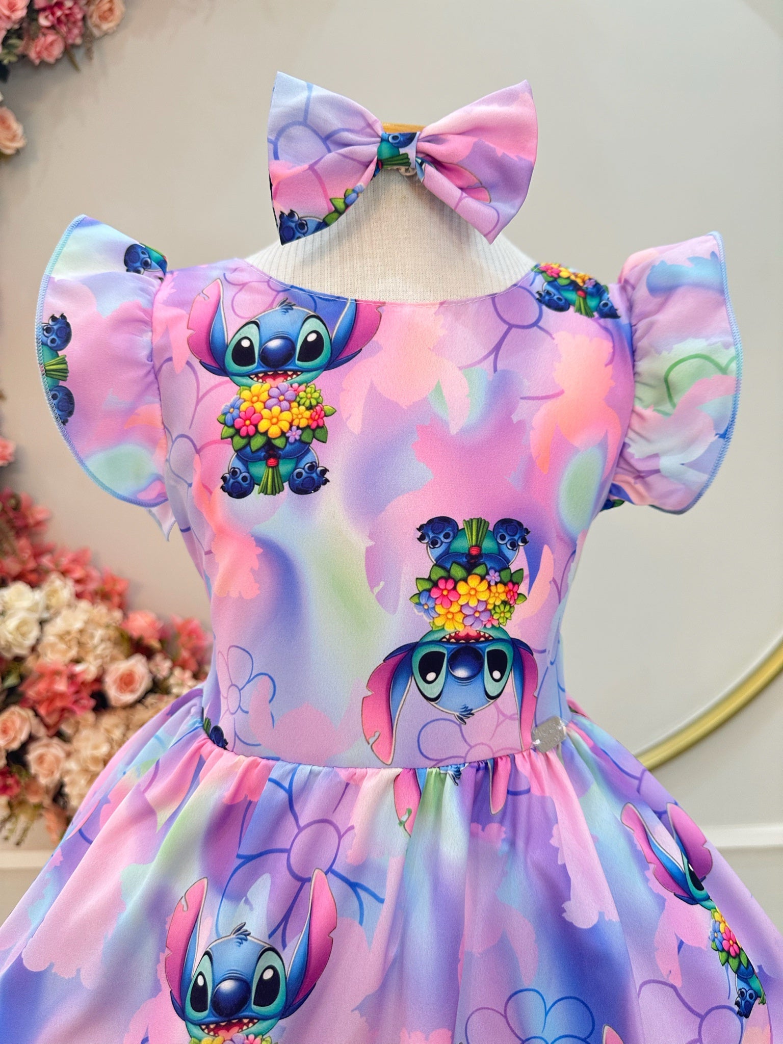 Vestido Infantil Lilo Stitch e Angel C/ Laço Lilás Colorido