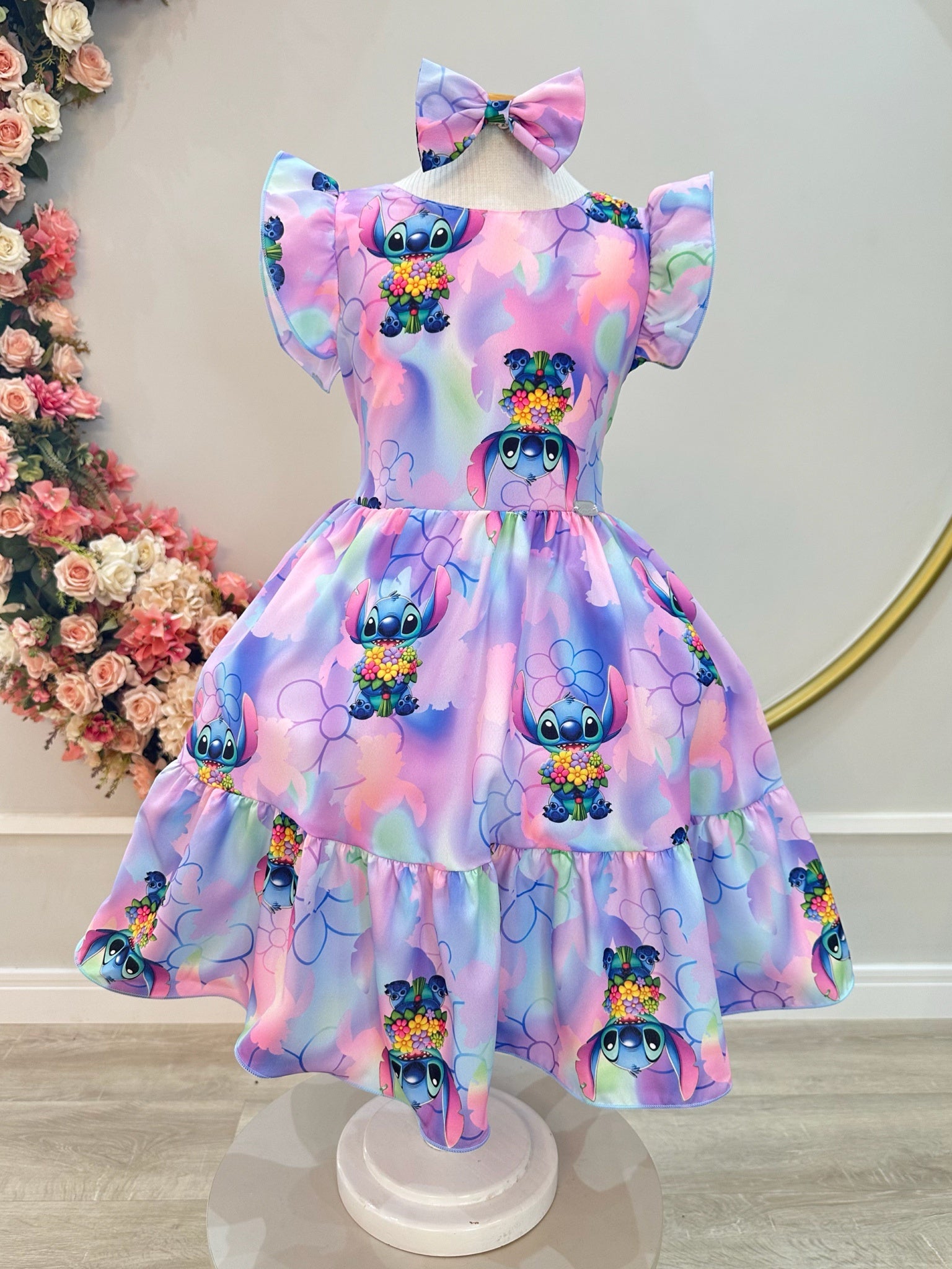 Vestido Infantil Lilo Stitch e Angel C/ Laço Lilás Colorido