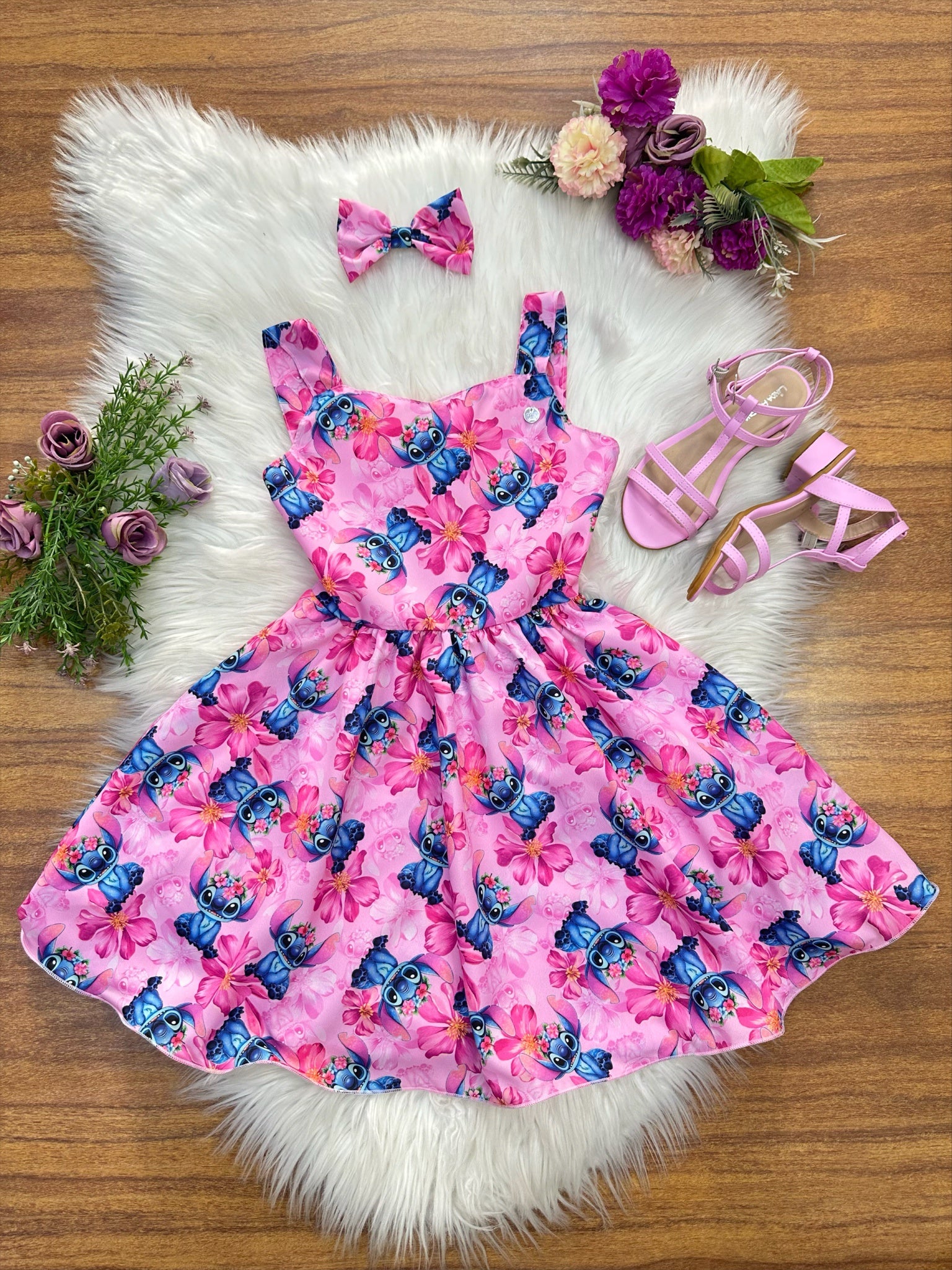 Vestido Infantil Lilo Stitch e Angel C/ Laço Rosa Colorido