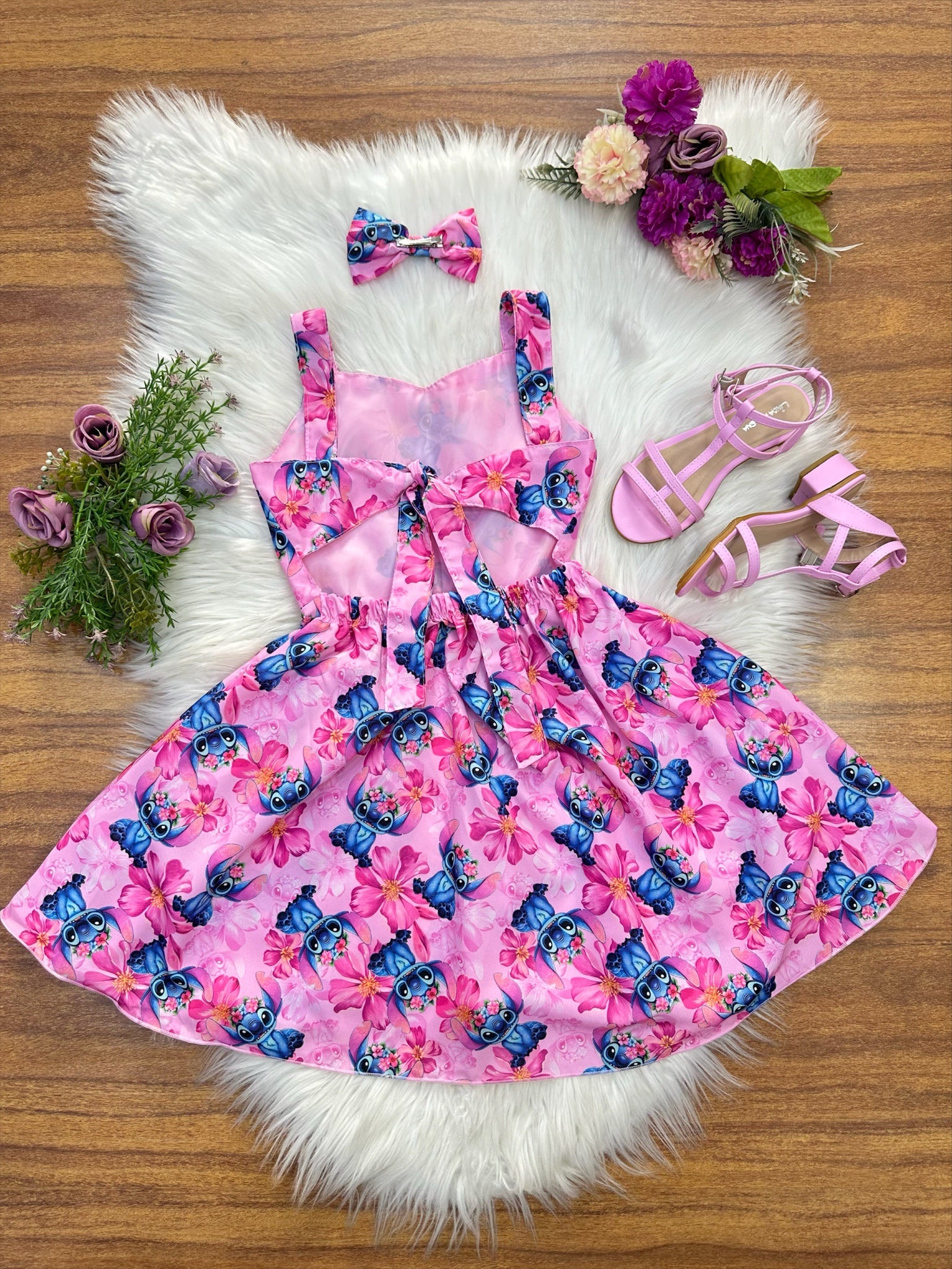 Vestido Infantil Lilo Stitch e Angel C/ Laço Rosa Colorido