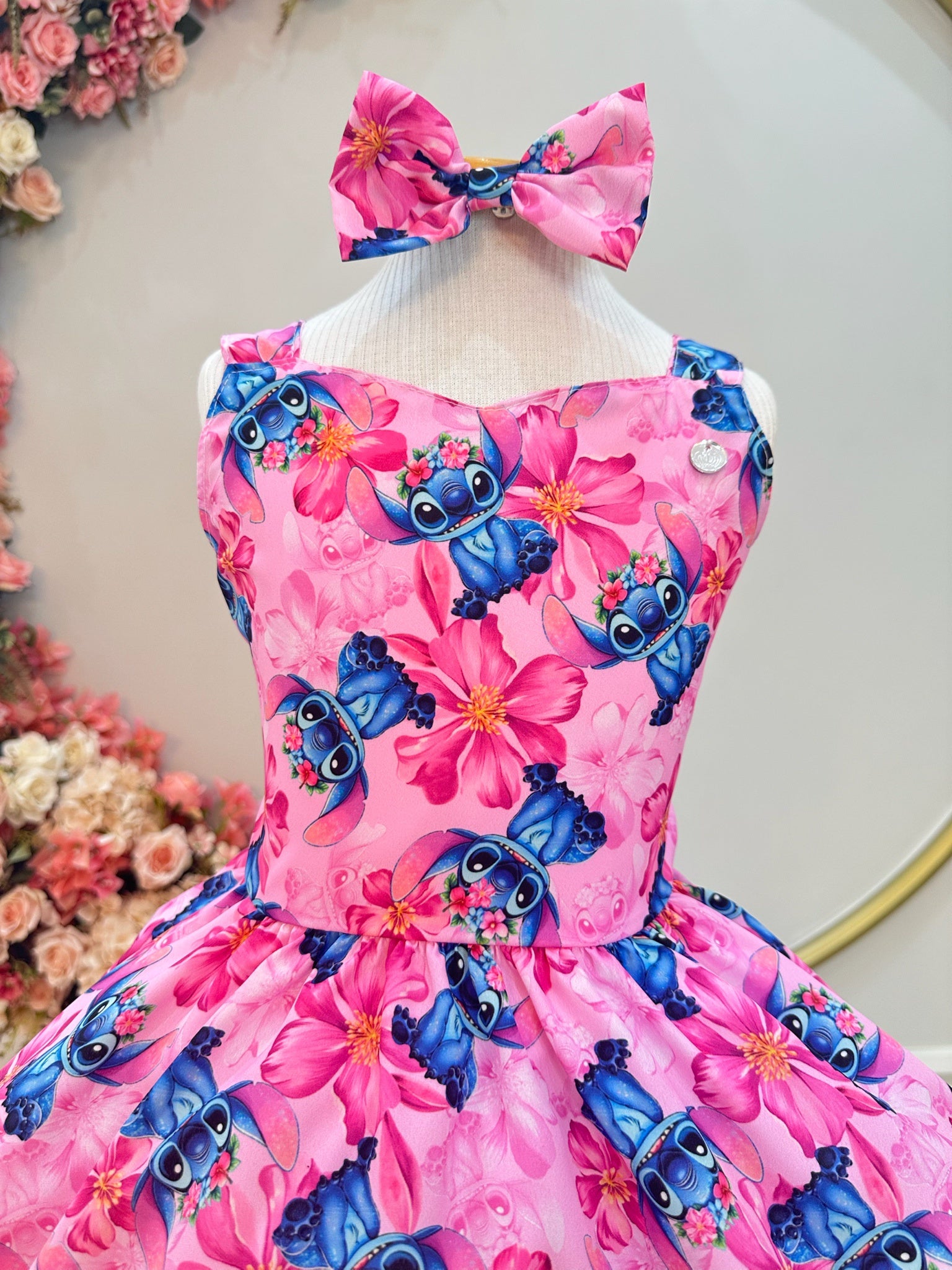 Vestido Infantil Lilo Stitch e Angel C/ Laço Rosa Colorido