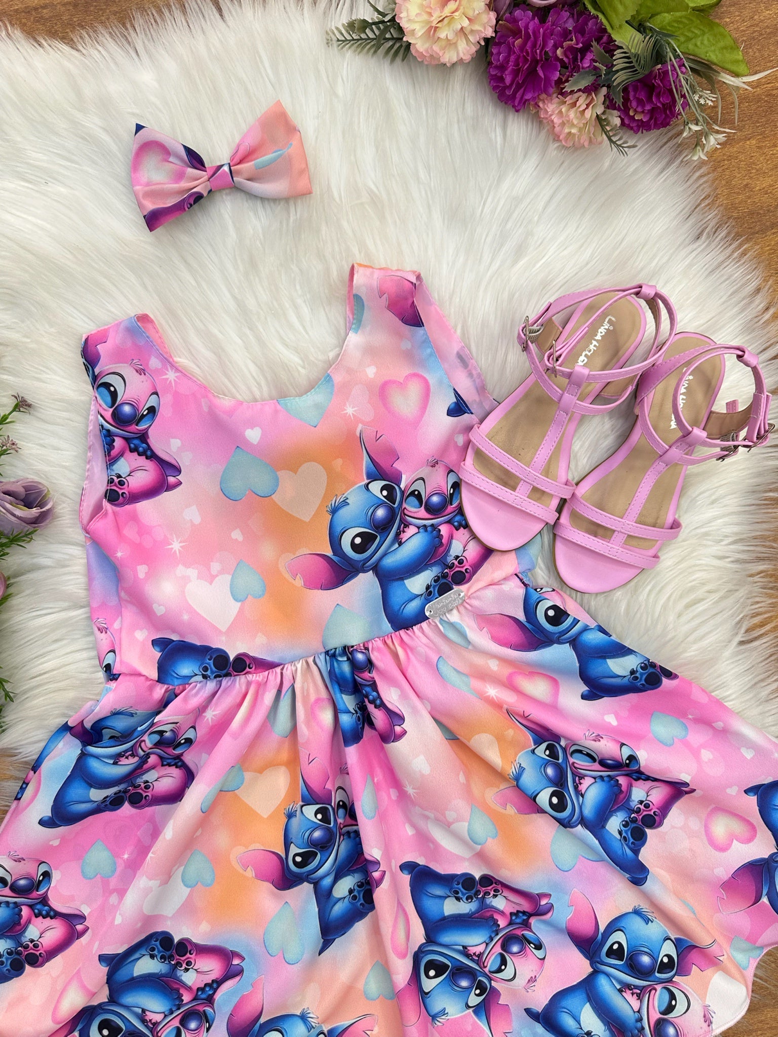 Vestido Infantil Rosa Colorido Lilo Stitch e Angel C/ Laço