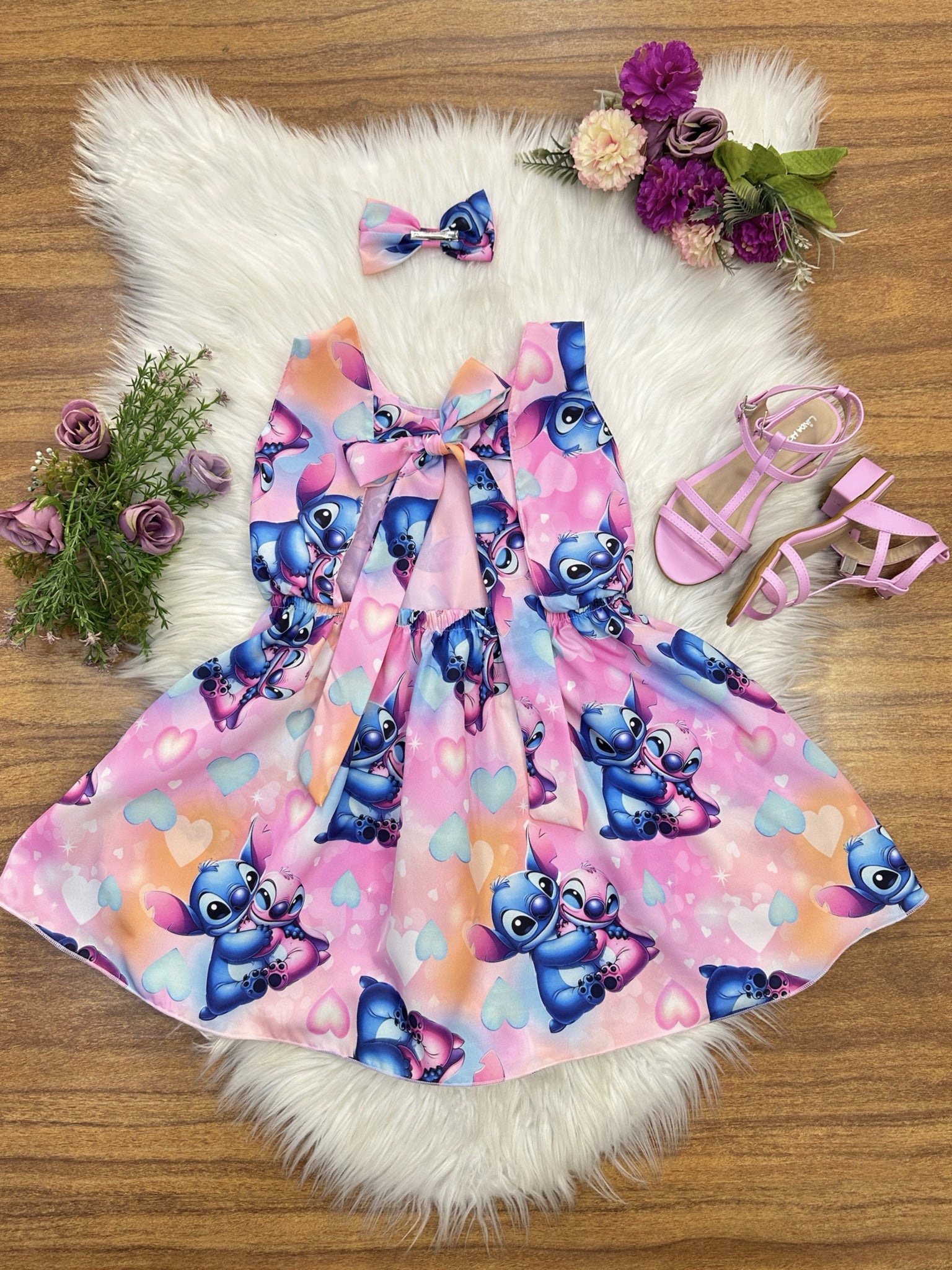 Vestido Infantil Rosa Colorido Lilo Stitch e Angel C/ Laço