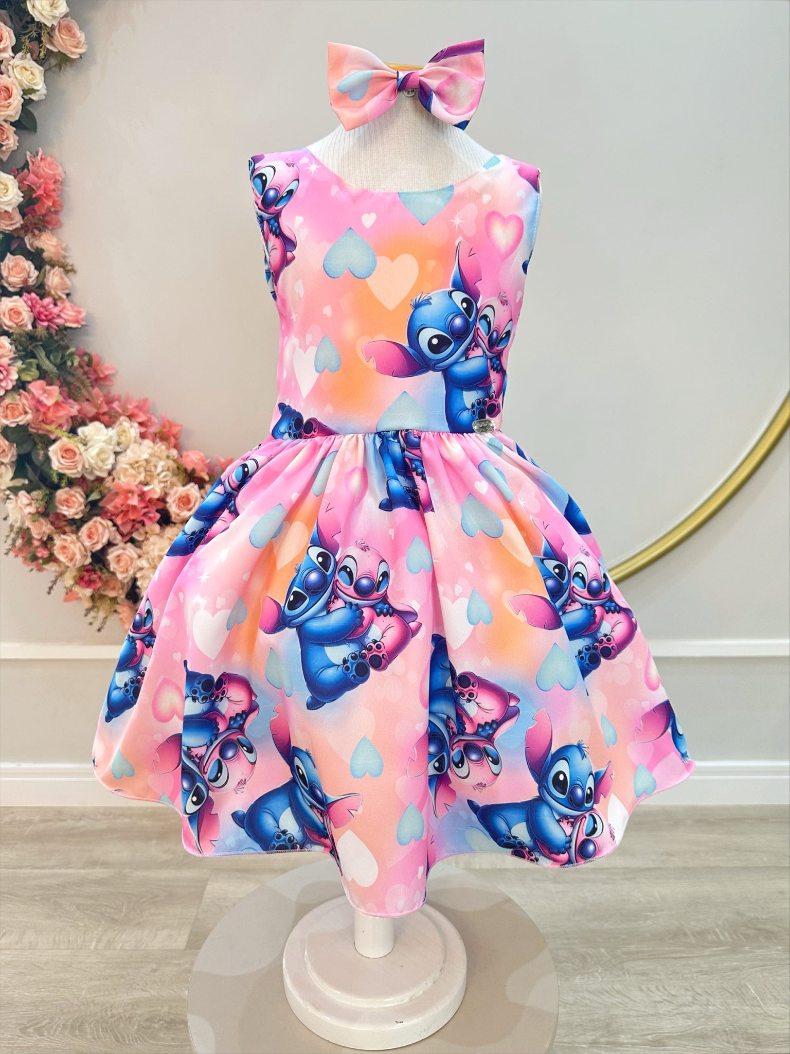 Vestido Infantil Rosa Colorido Lilo Stitch e Angel C/ Laço
