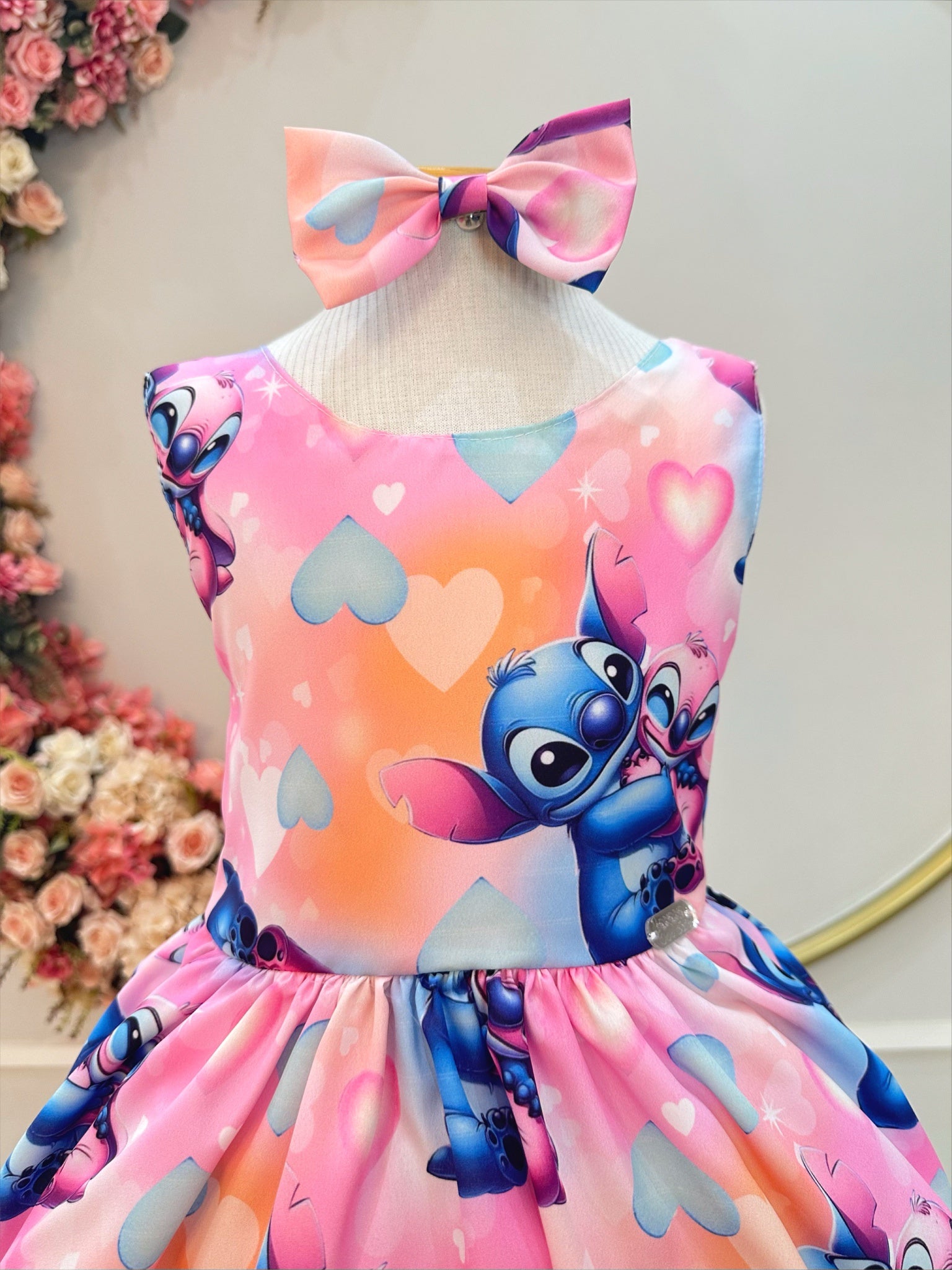 Vestido Infantil Rosa Colorido Lilo Stitch e Angel C/ Laço