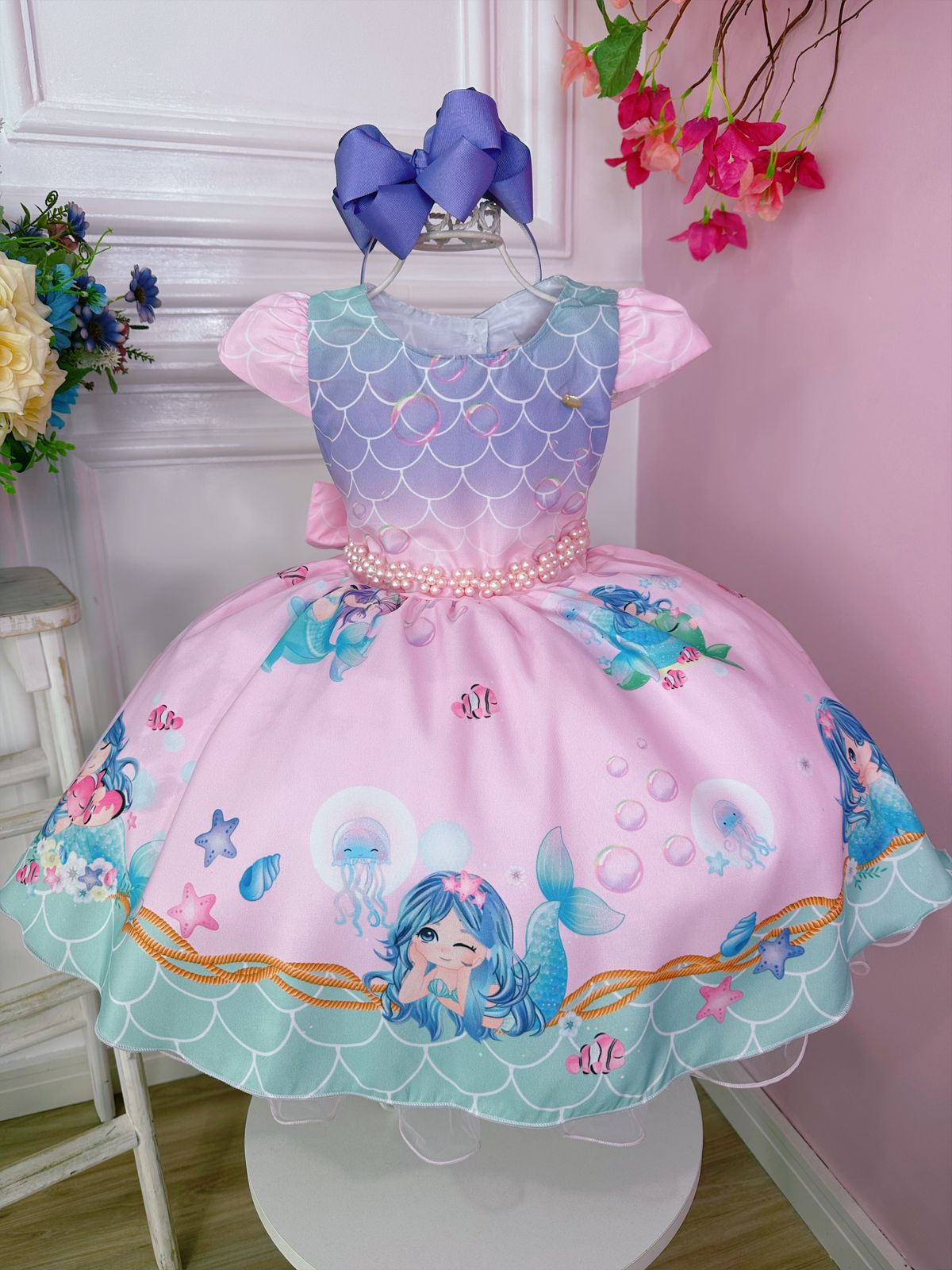 Vestido Infantil Sereia Escamas Rosa e Lilás Cinto Pérolas
