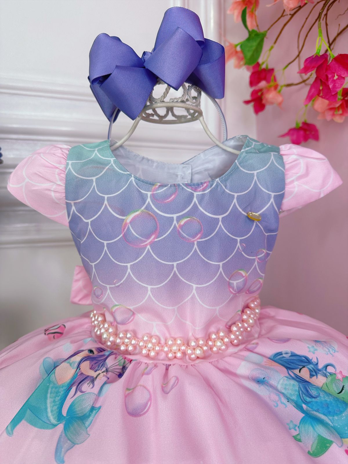 Vestido Infantil Sereia Escamas Rosa e Lilás Cinto Pérolas