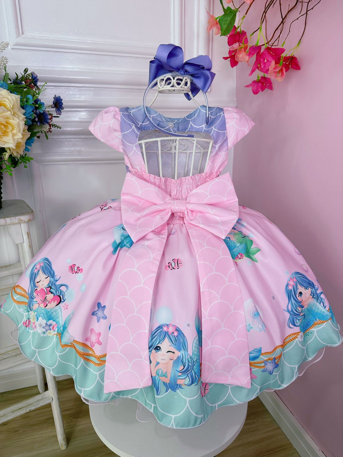 Vestido Infantil Sereia Escamas Rosa e Lilás Cinto Pérolas
