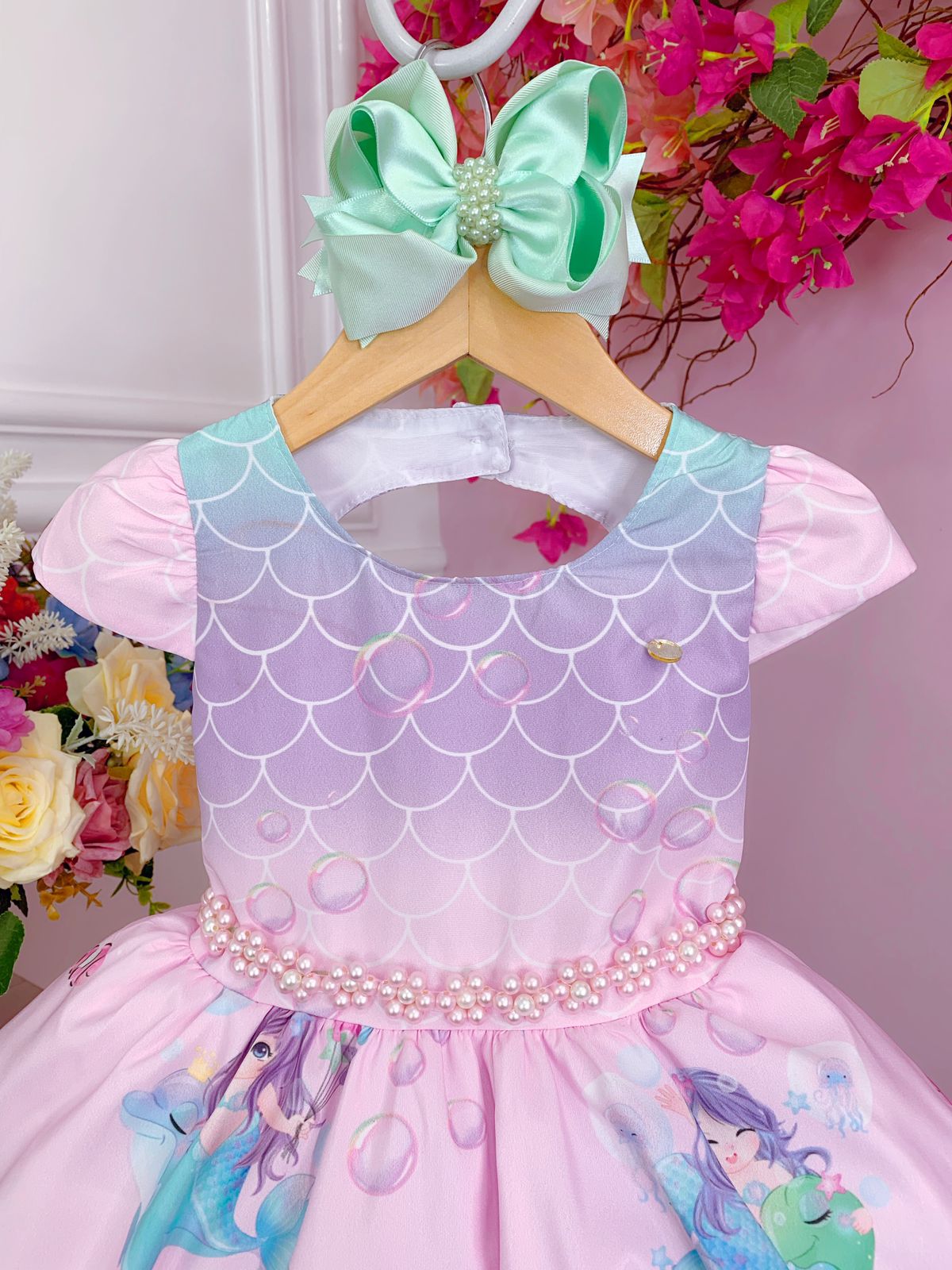 Vestido Infantil Sereia Escamas Rosa e Lilás Cinto Pérolas