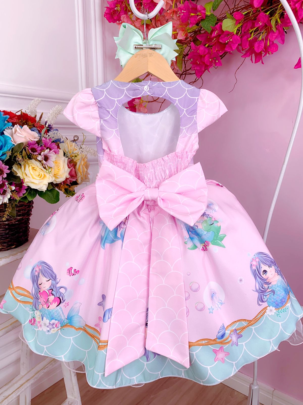 Vestido Infantil Sereia Escamas Rosa e Lilás Cinto Pérolas