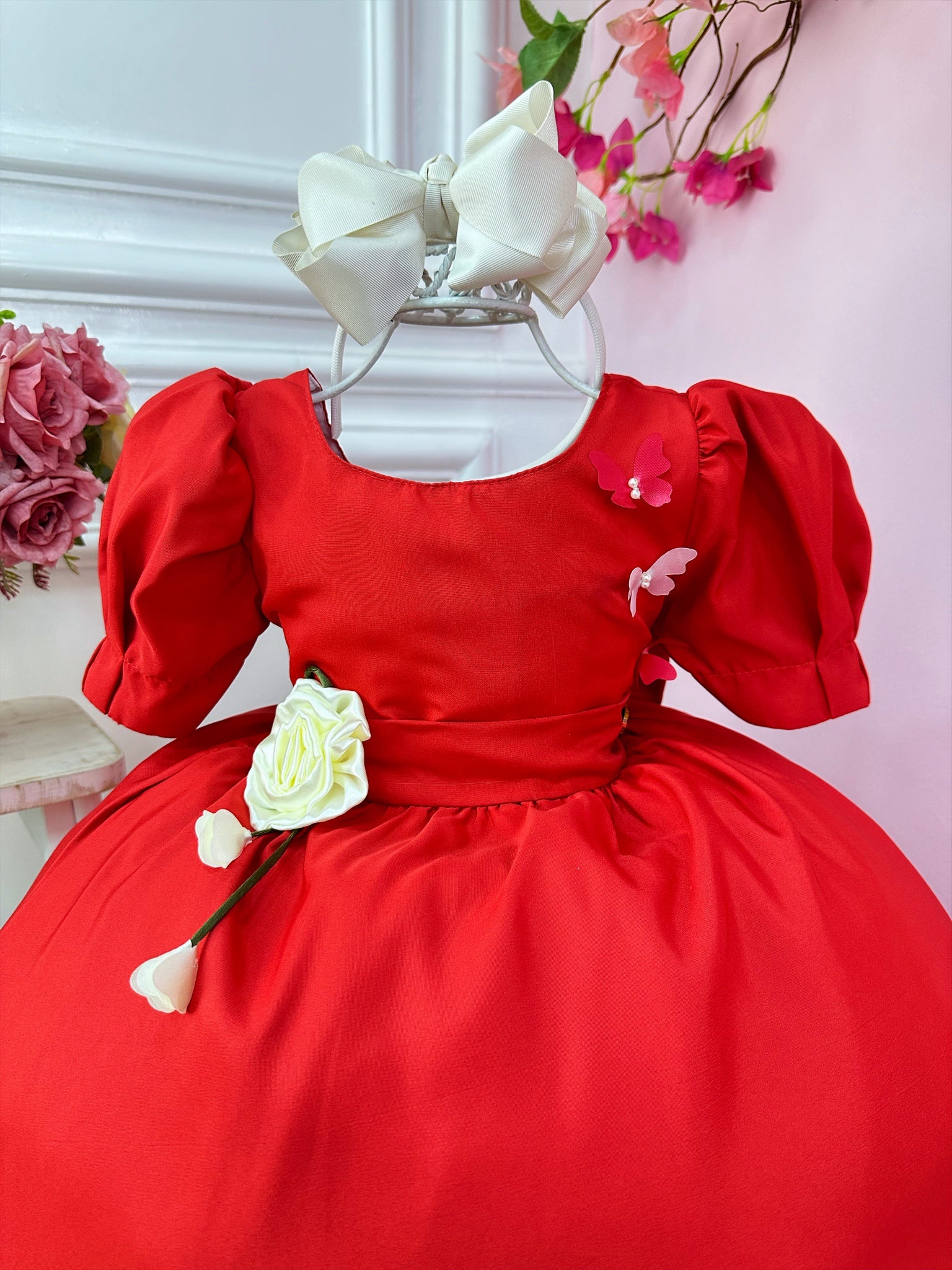 Vestido Infantil Vermelho Broche Flores Aplique Borboletas