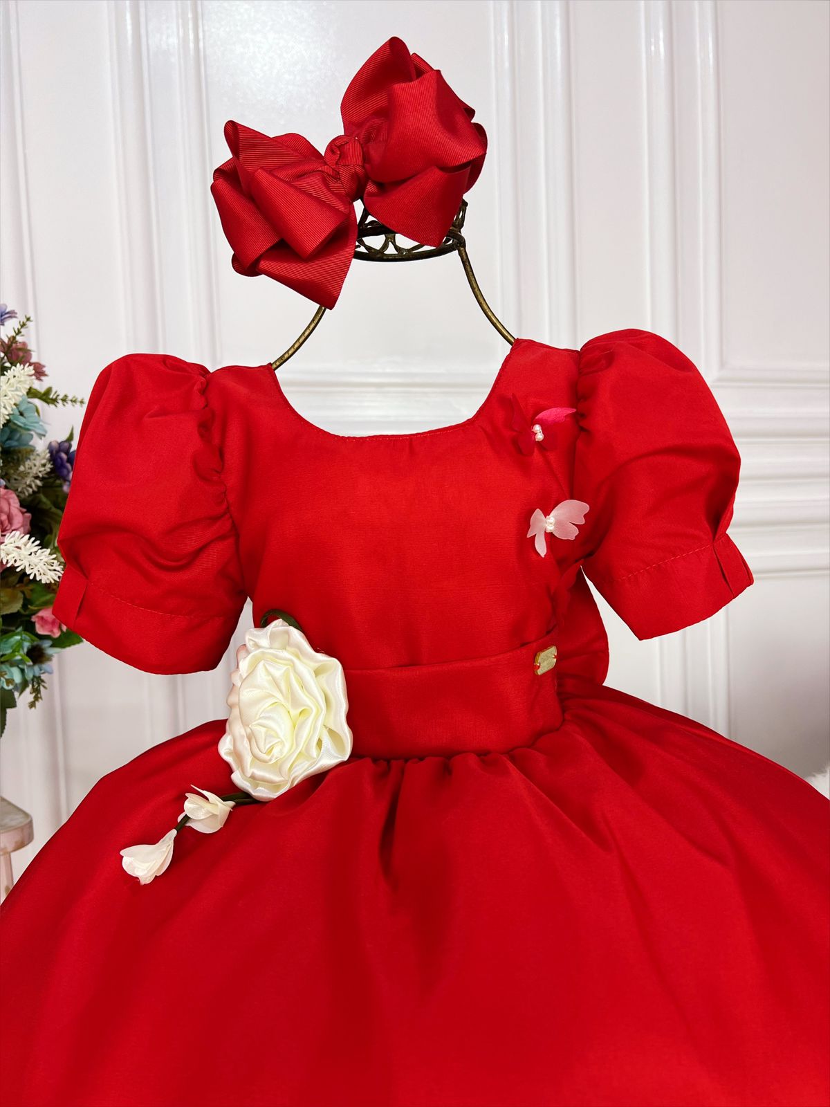 Vestido Infantil Vermelho Broche Flores Aplique Borboletas