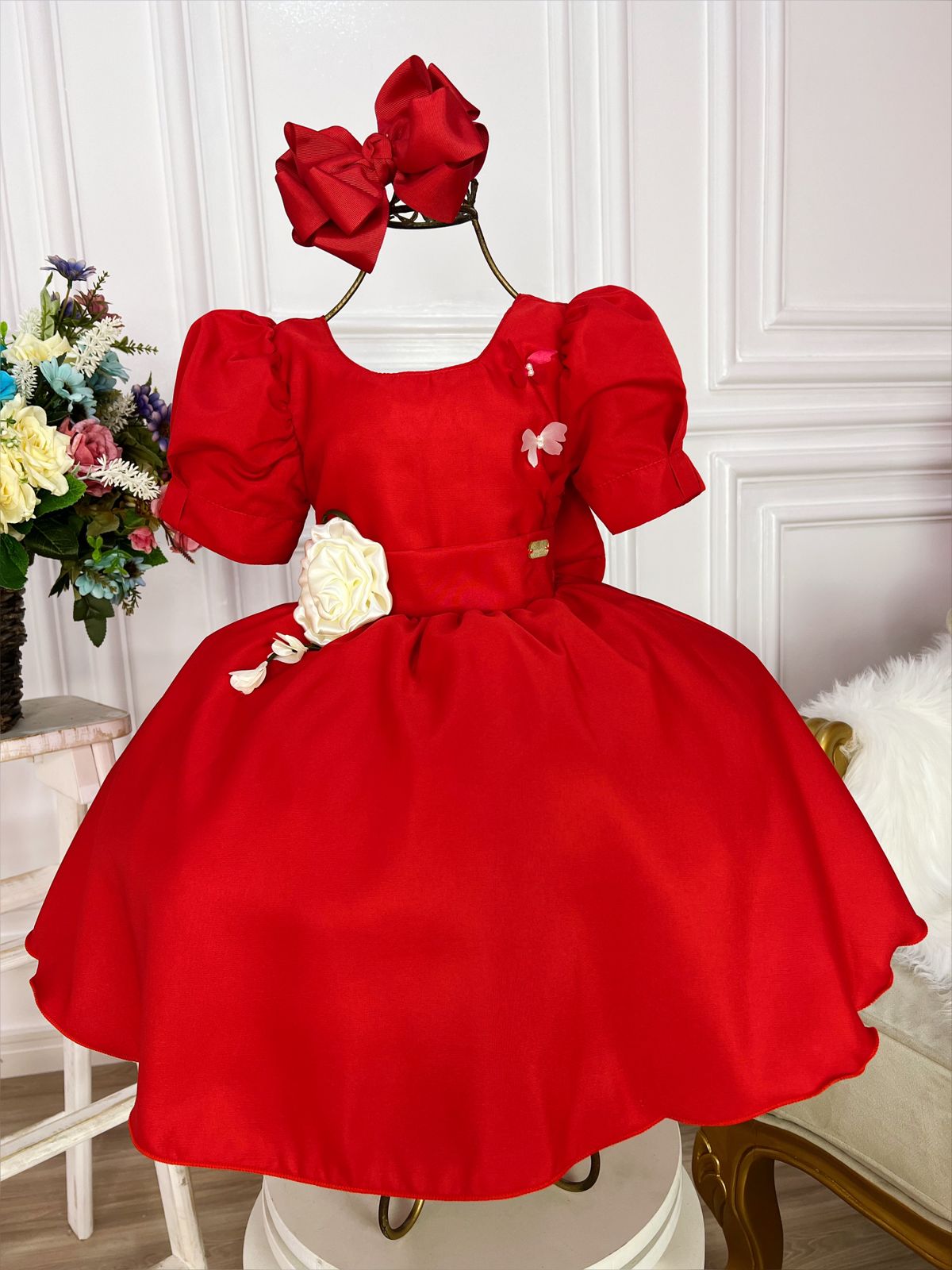 Vestido Infantil Vermelho Broche Flores Aplique Borboletas