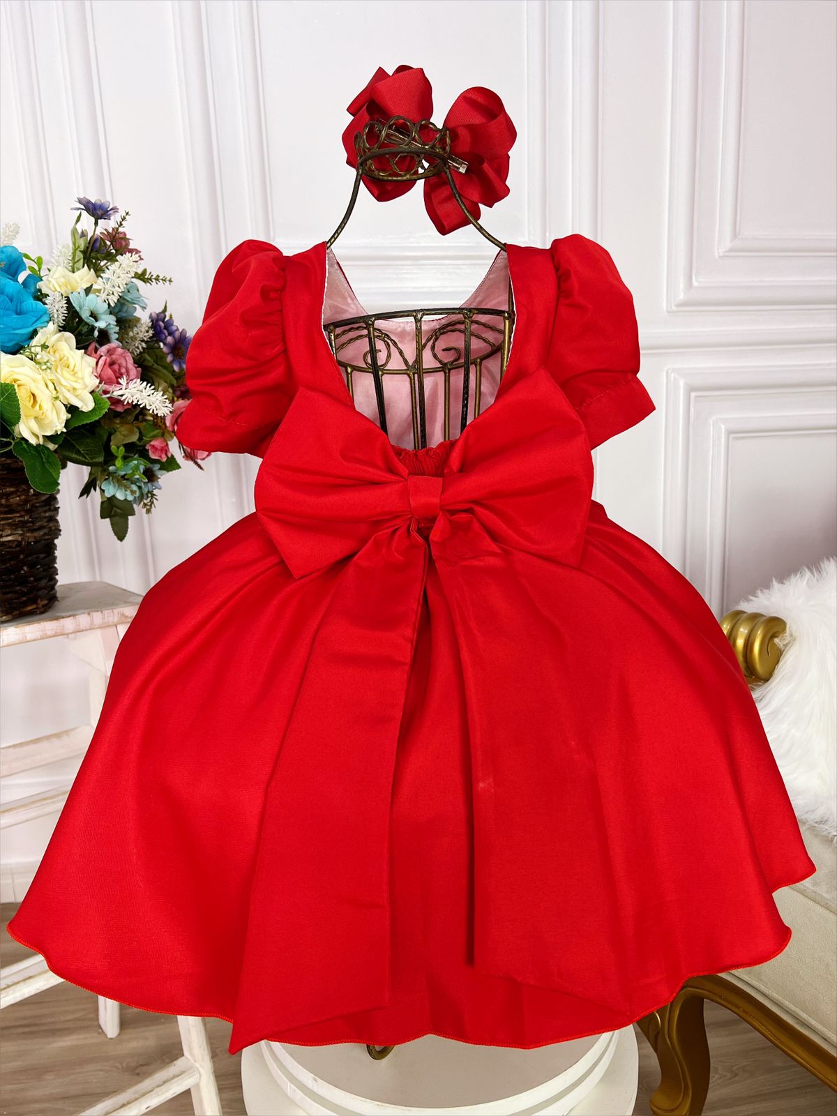 Vestido Infantil Vermelho Broche Flores Aplique Borboletas