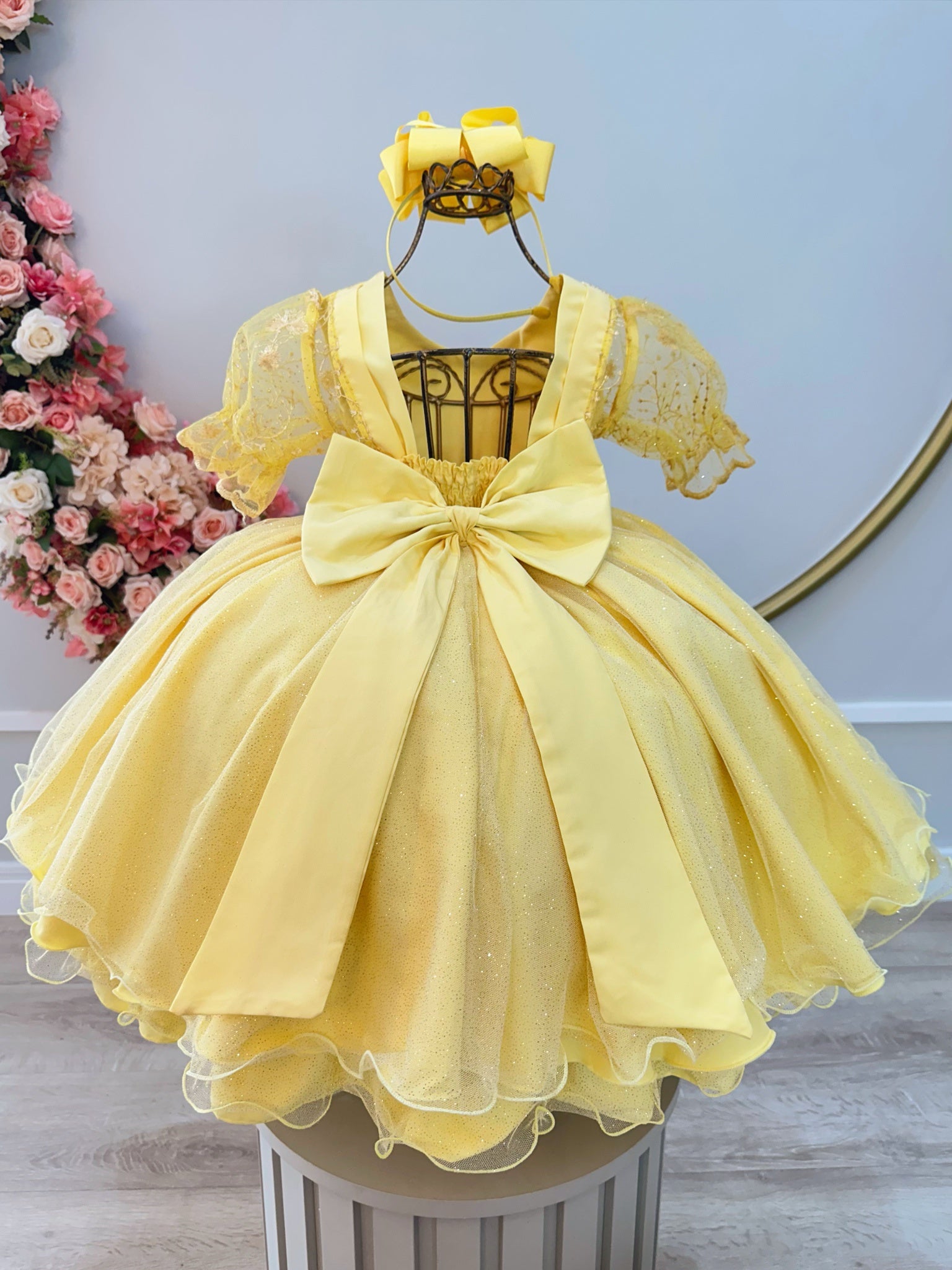 Vestido Infantil Amarelo Com Renda Festas Daminhas Luxo