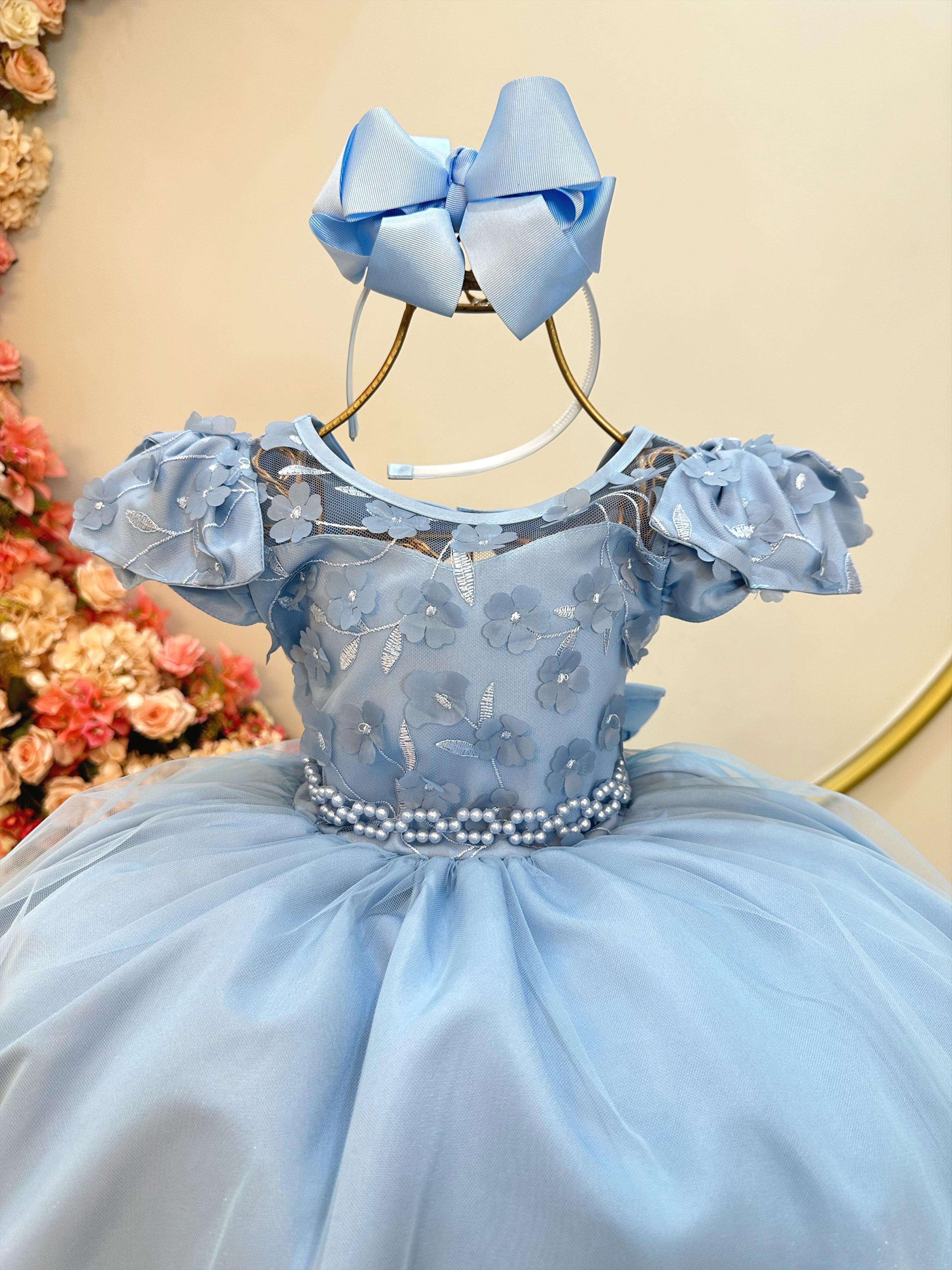 Vestido Infantil Azul C/ Apliques de Flores e Renda Damas