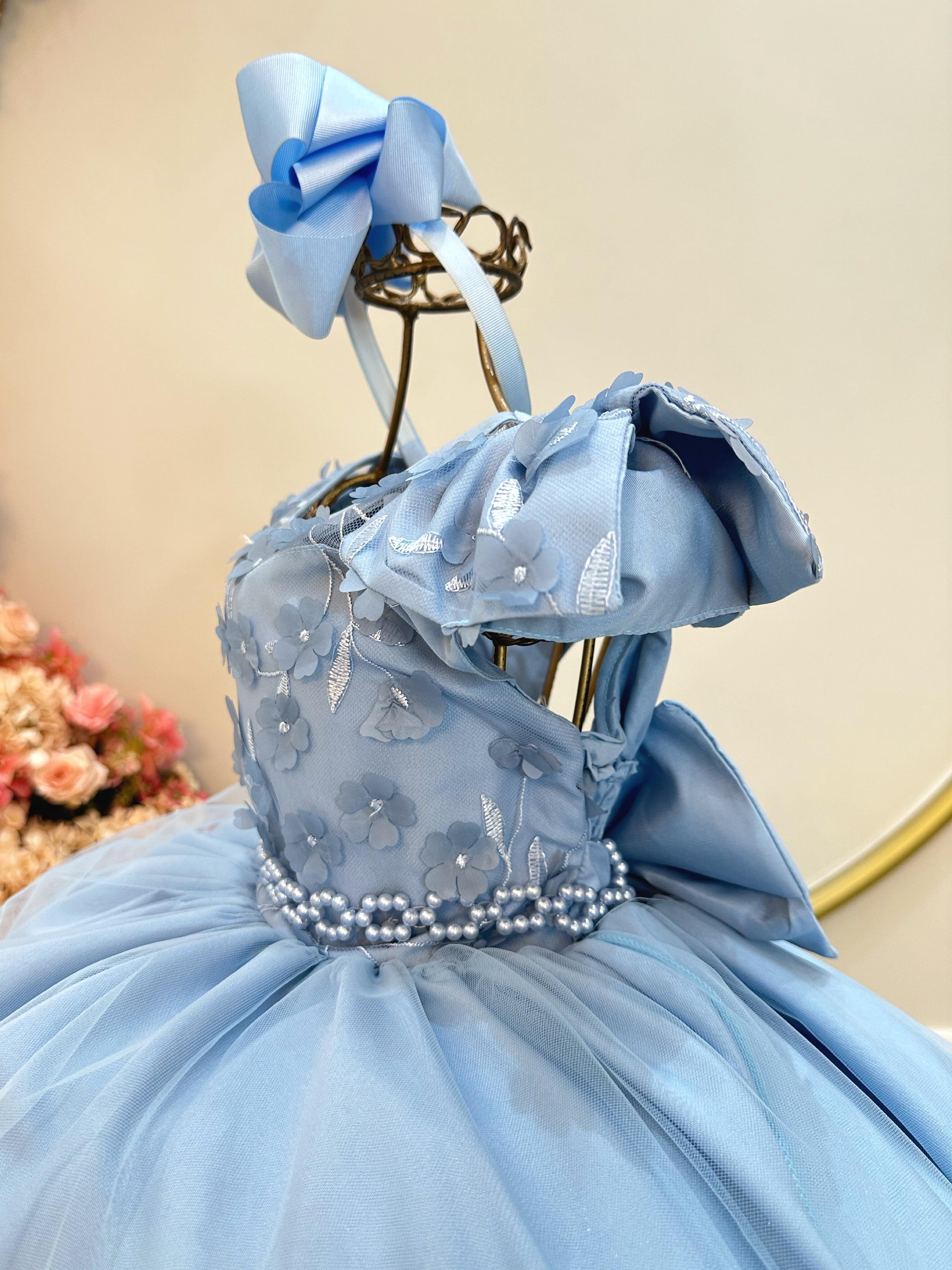 Vestido Infantil Azul C/ Apliques de Flores e Renda Damas