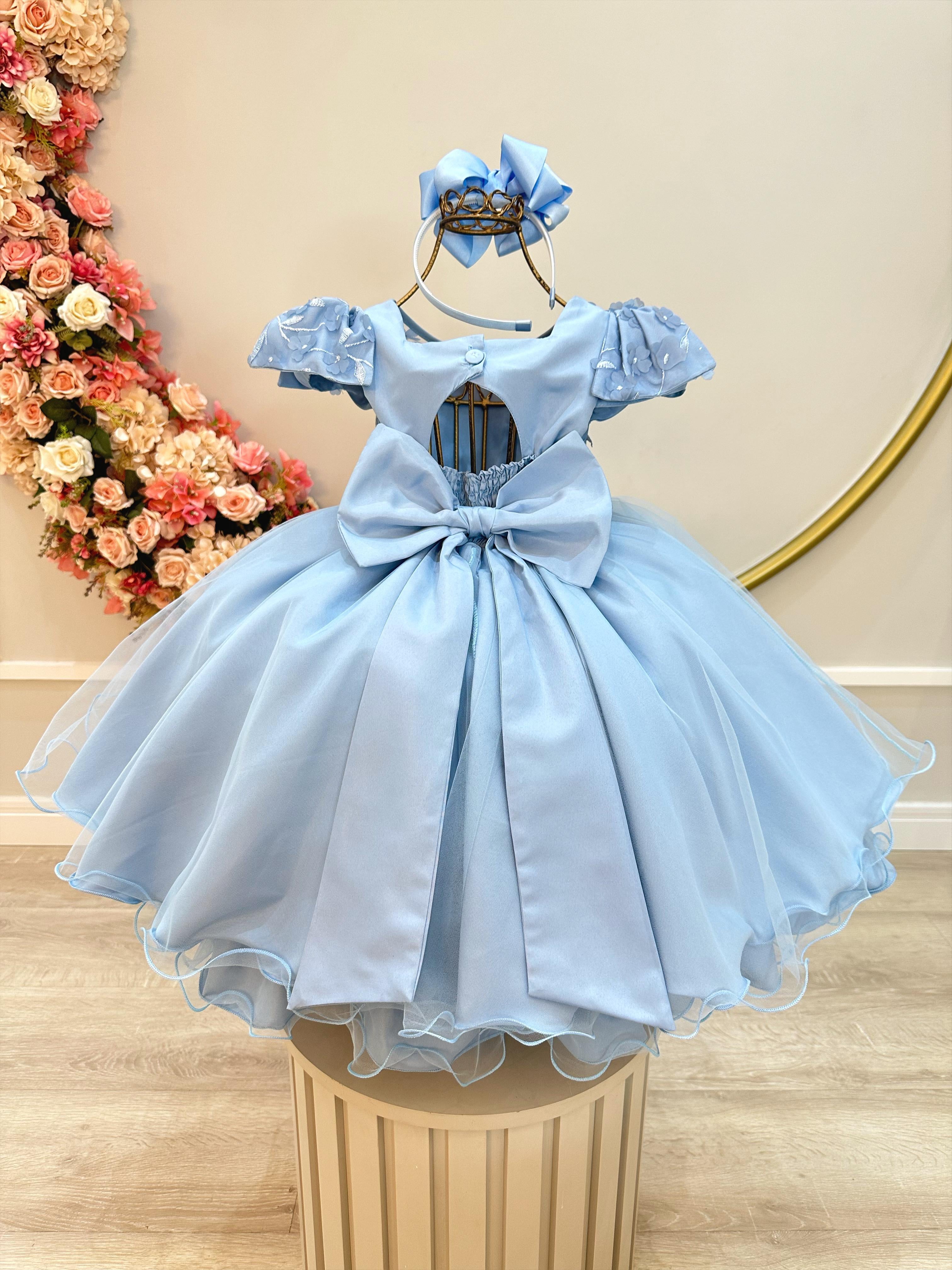 Vestido Infantil Azul C/ Apliques de Flores e Renda Damas