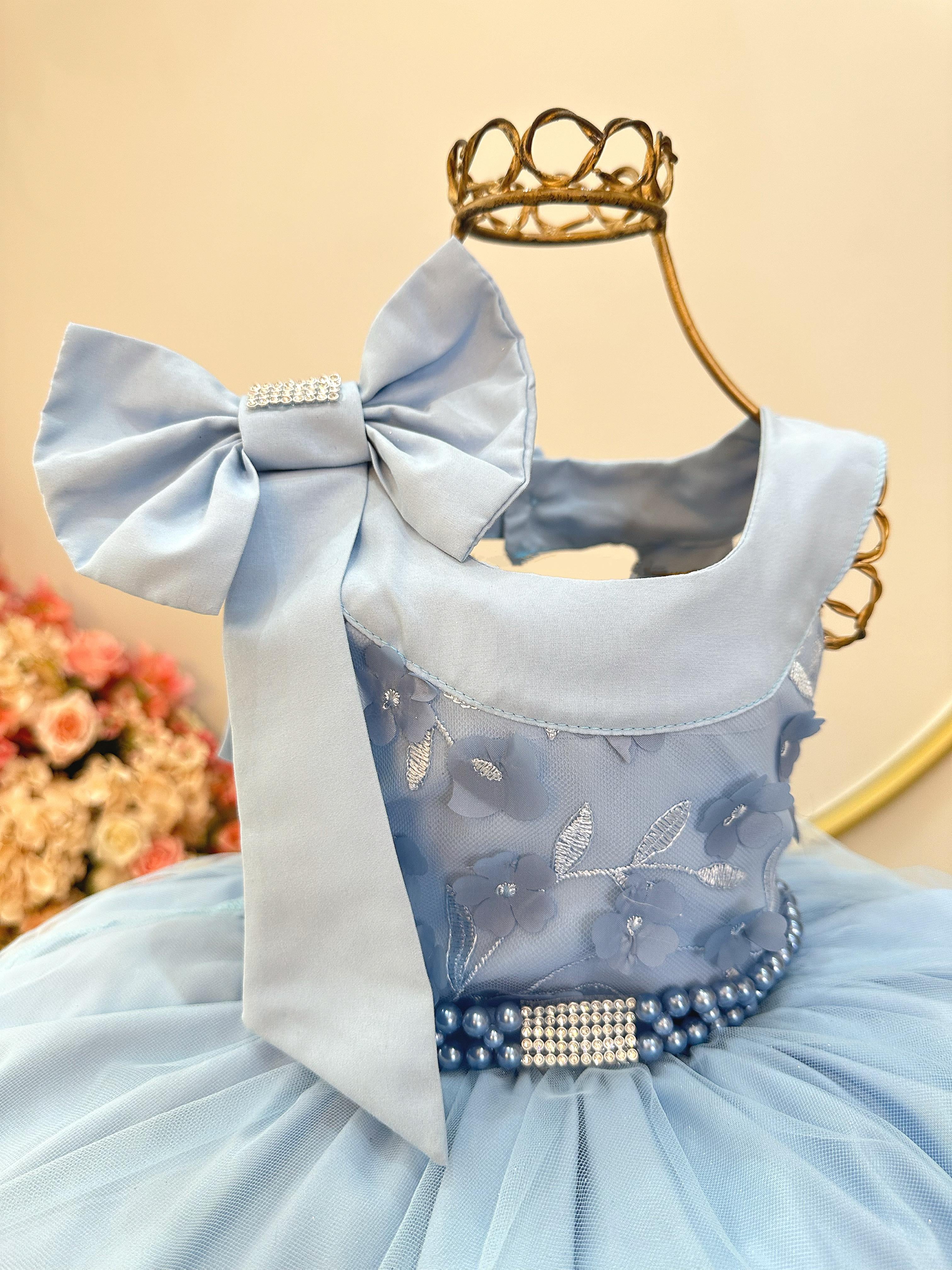 Vestido Infantil Azul Claro Busto Com Renda Damas Festas