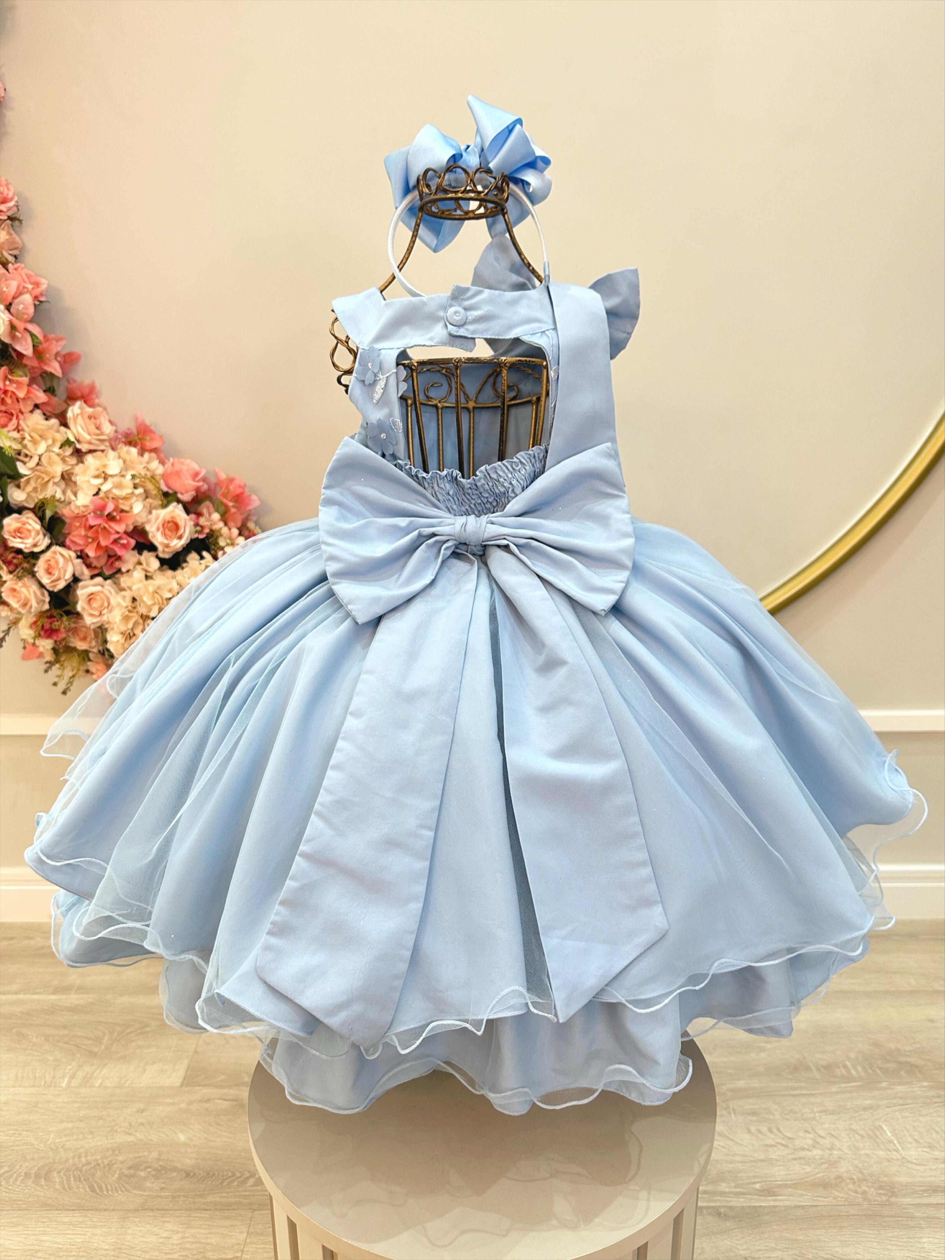 Vestido Infantil Azul Claro Busto Com Renda Damas Festas