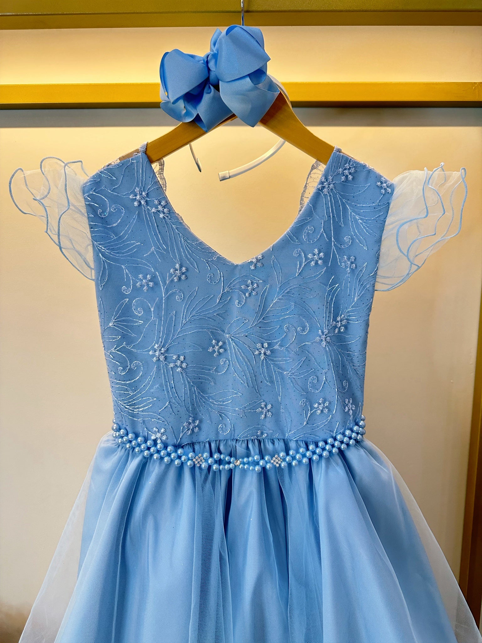Vestido Infantil Azul Claro C/ Renda Strass e Pérolas Damas