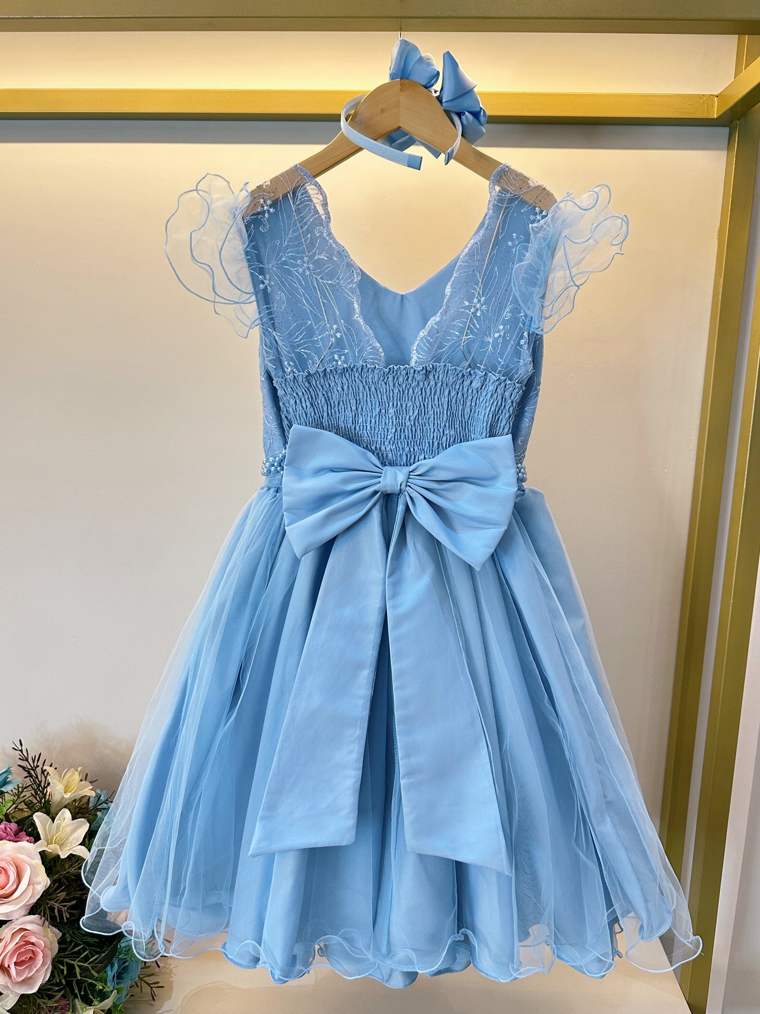 Vestido Infantil Azul Claro C/ Renda Strass e Pérolas Damas