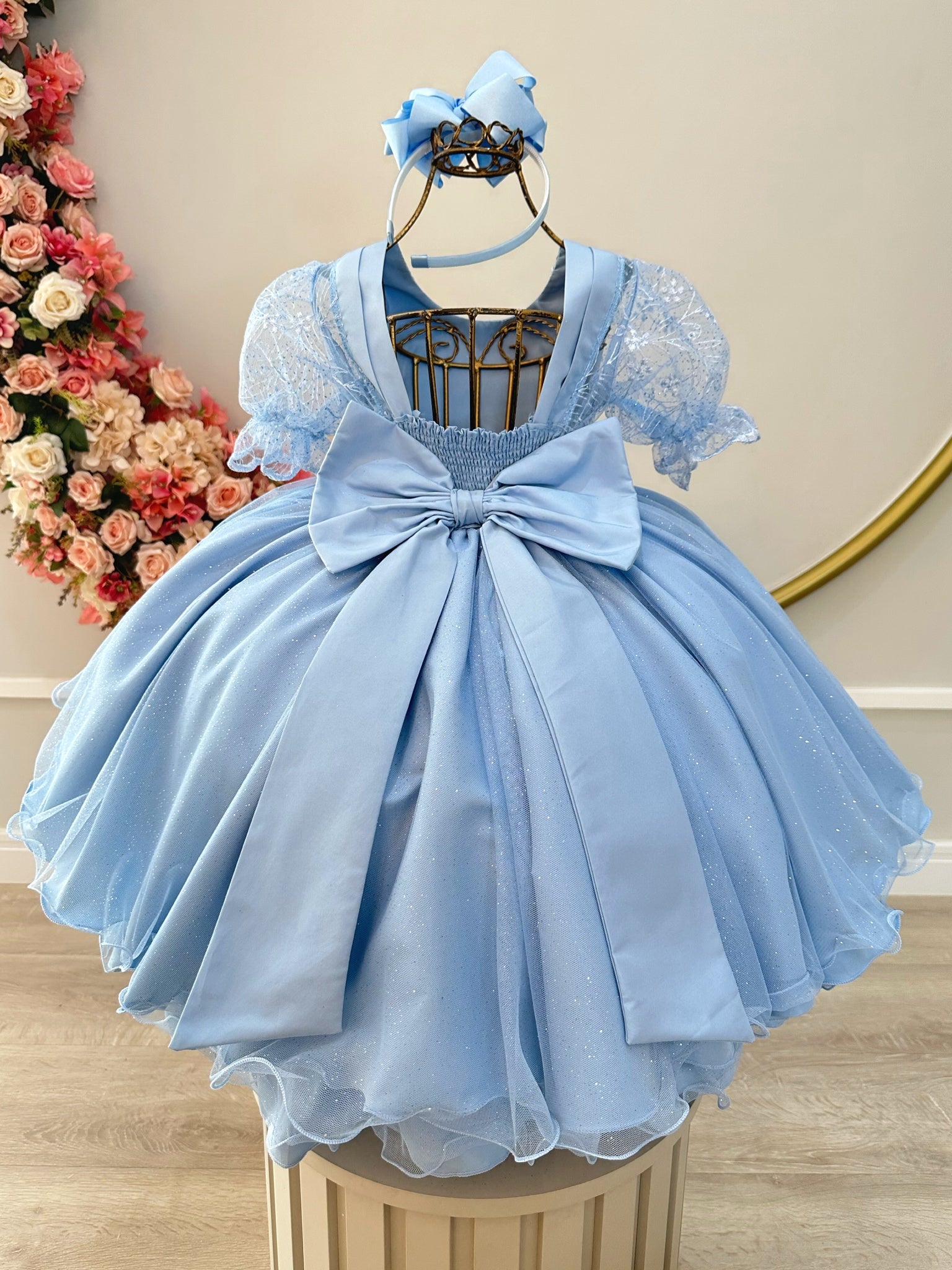 Vestido Infantil Azul Claro Com Renda Festas Daminhas Luxo