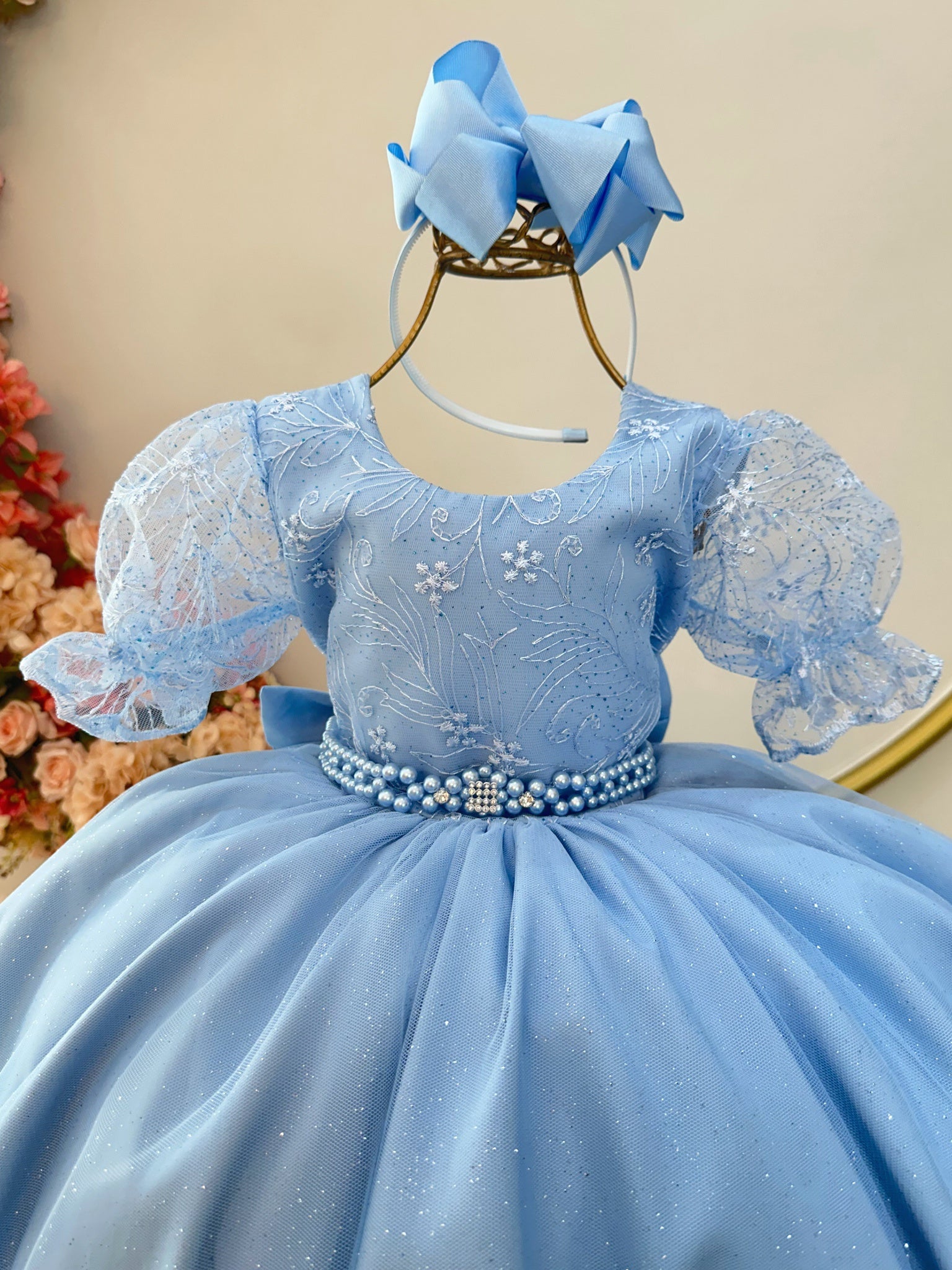 Vestido Infantil Azul Claro Com Renda Festas Daminhas Luxo