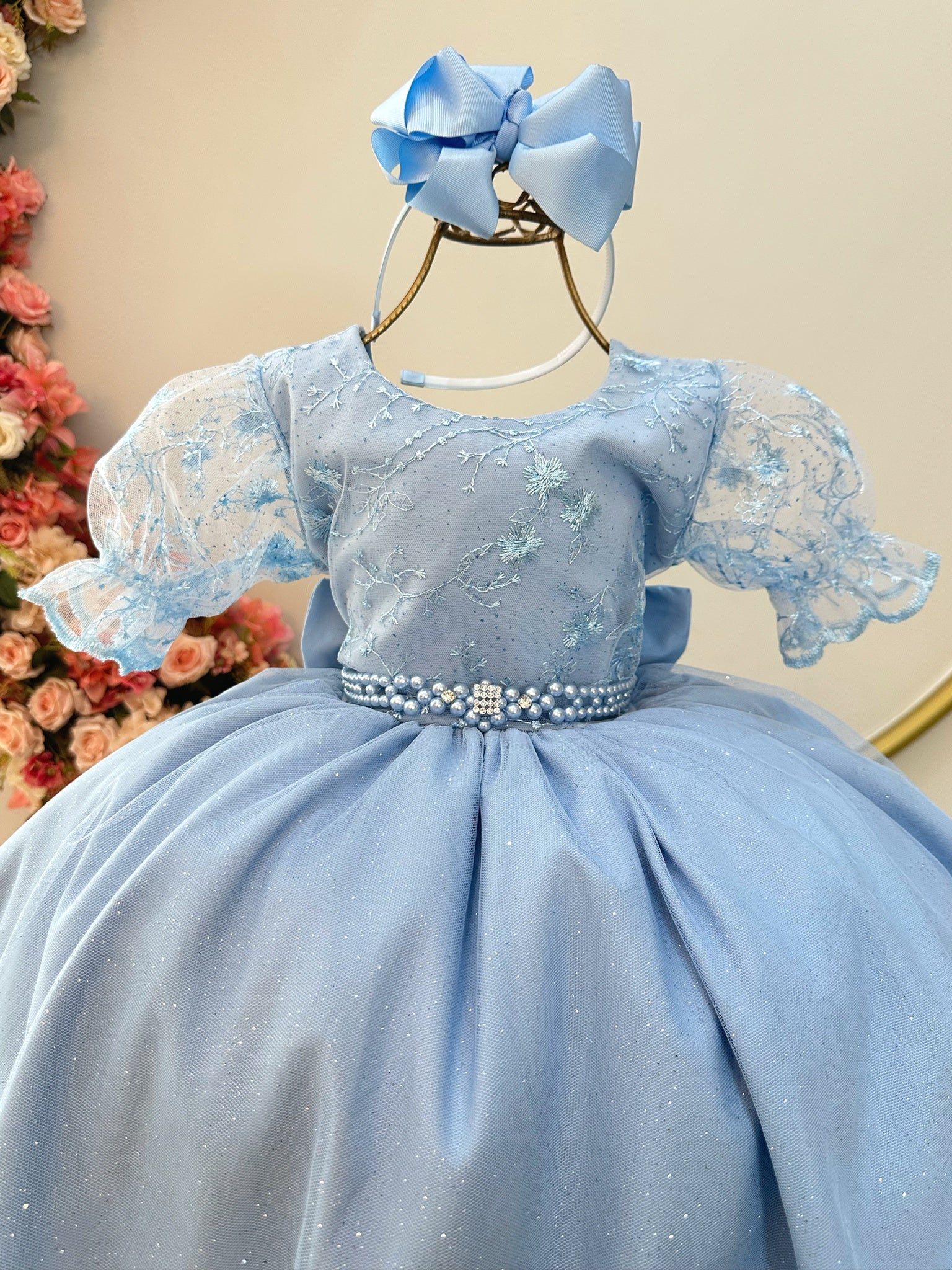 Vestido Infantil Azul Claro Com Renda Luxo Festas Daminhas