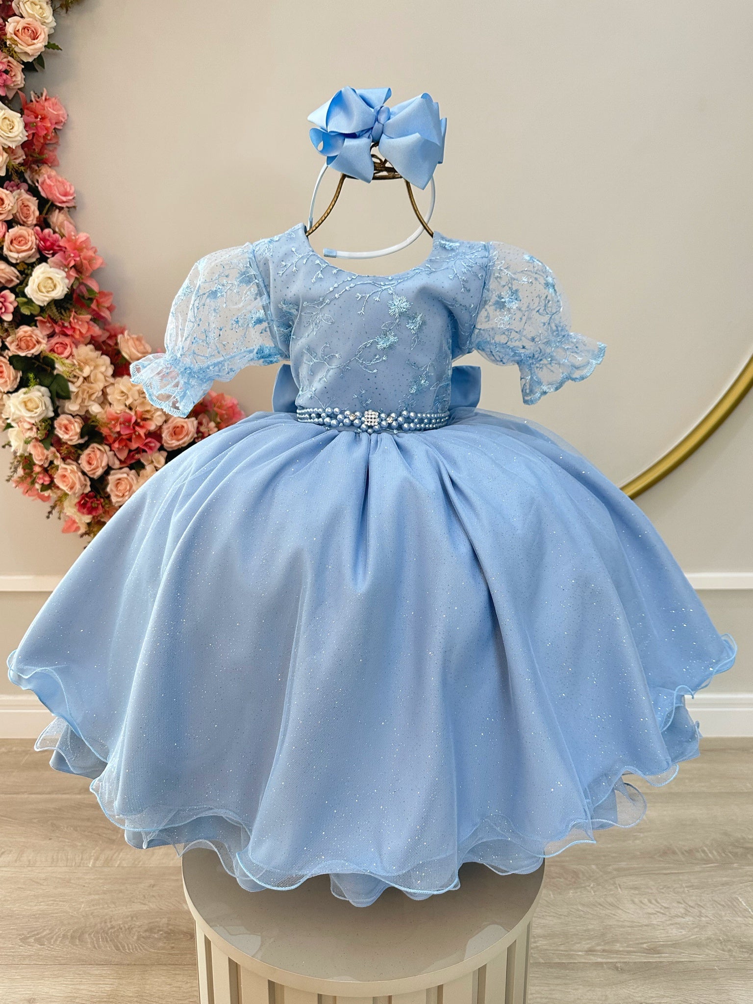 Vestido Infantil Azul Claro Com Renda Luxo Festas Daminhas