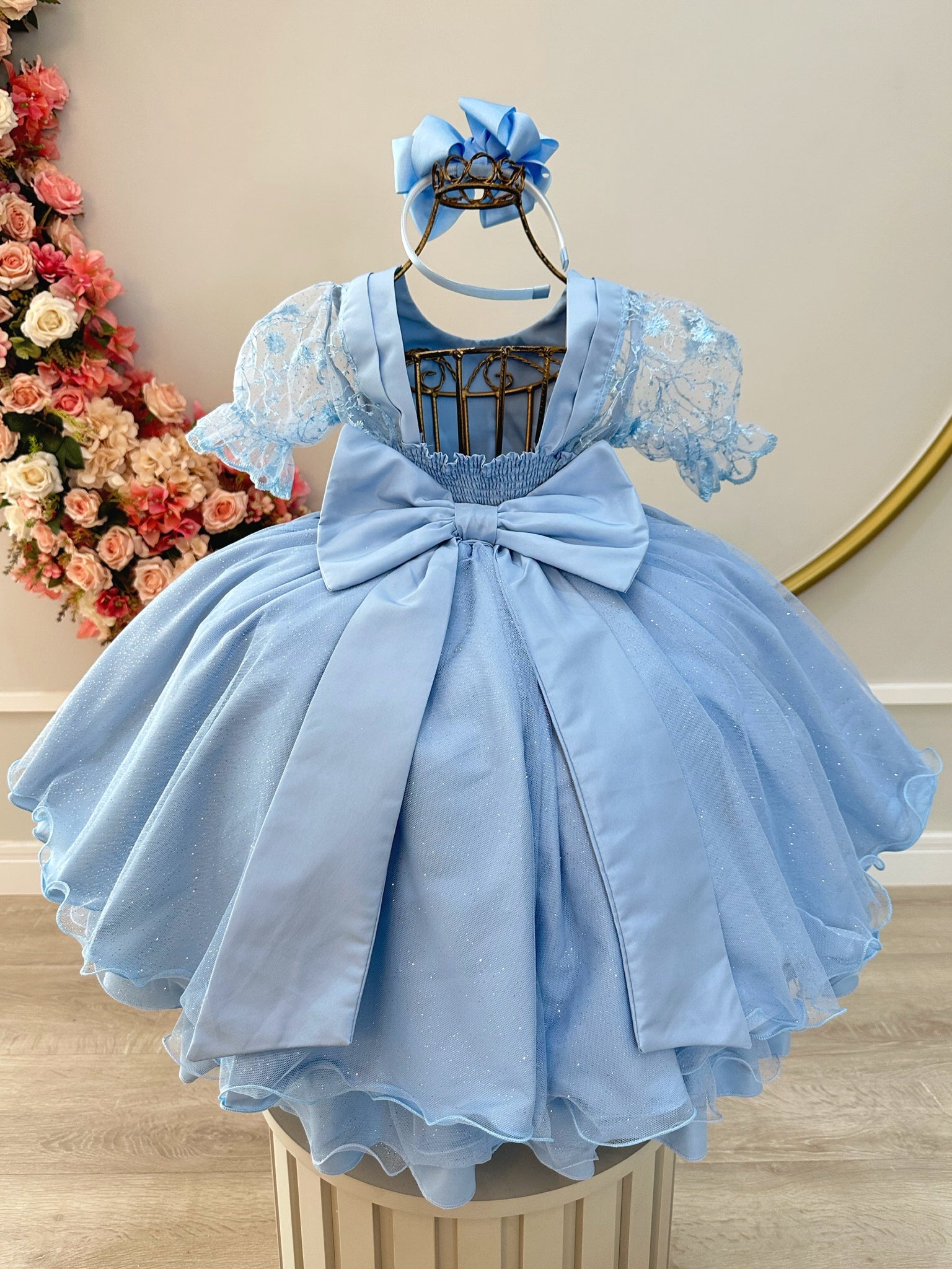 Vestido Infantil Azul Claro Com Renda Luxo Festas Daminhas