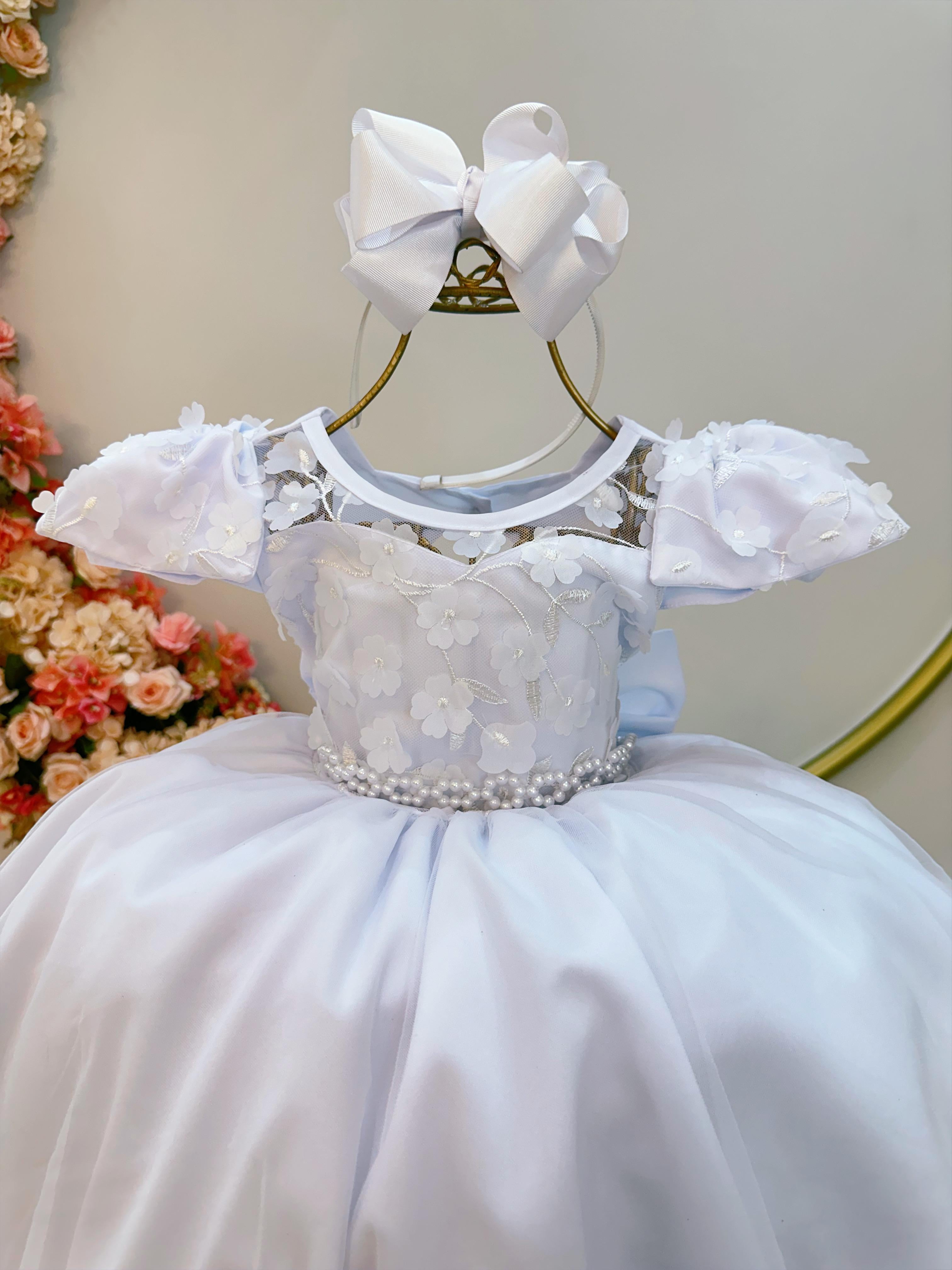 Vestido Infantil Branco C/ Apliques de Flores e Renda Damas