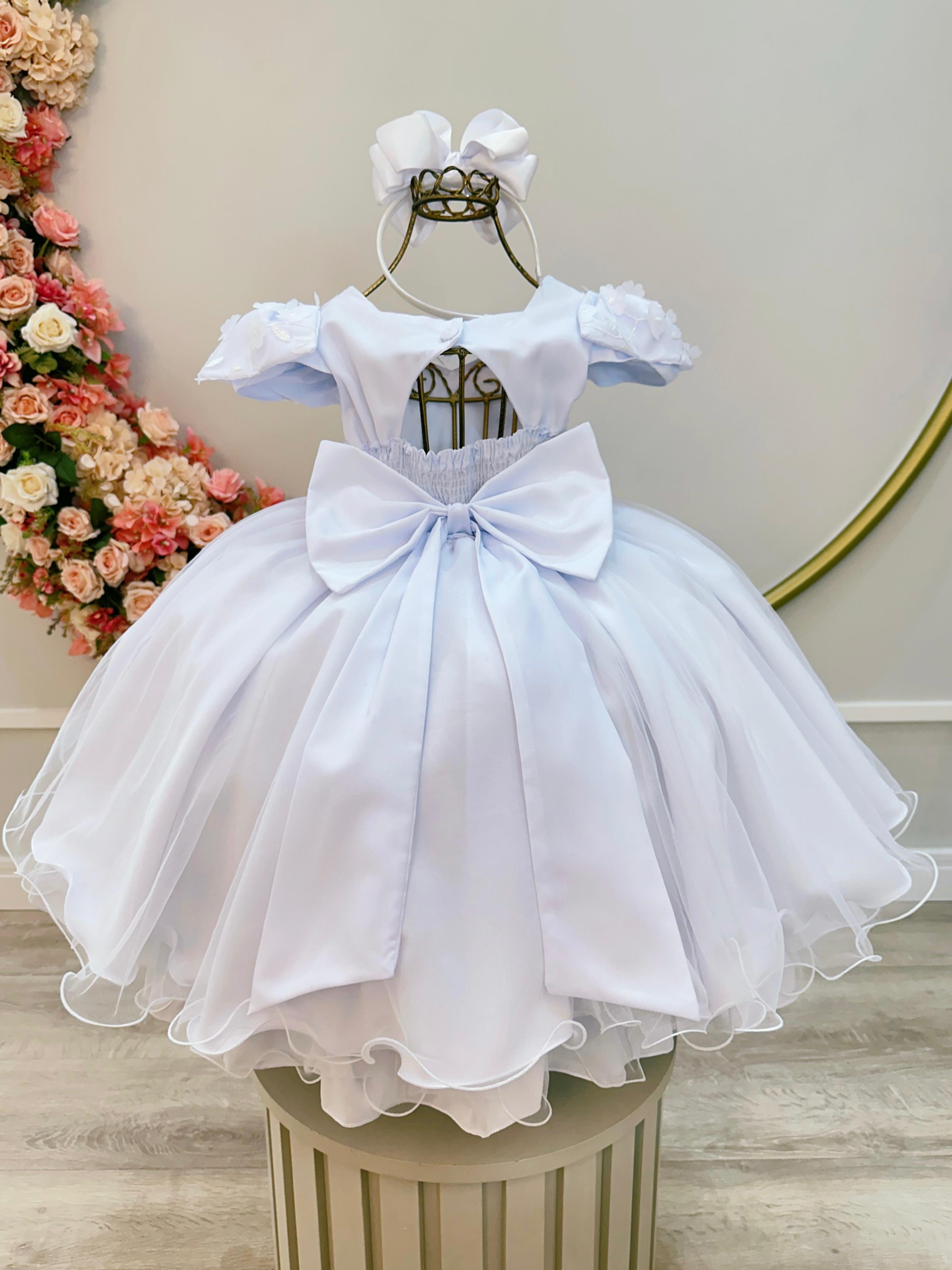 Vestido Infantil Branco C/ Apliques de Flores e Renda Damas