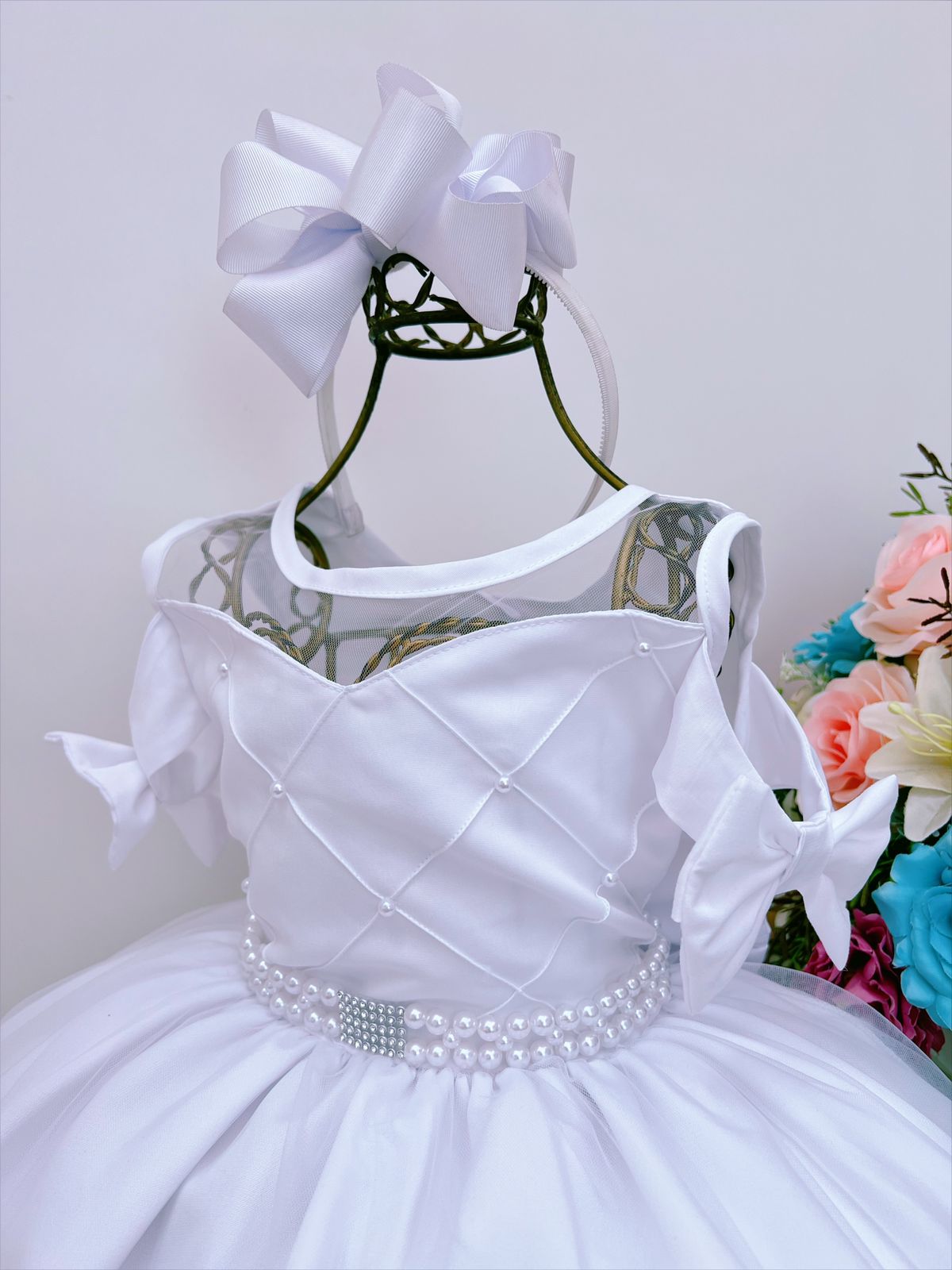 Vestido Infantil Branco C/ Cinto de Pérolas Strass Luxo