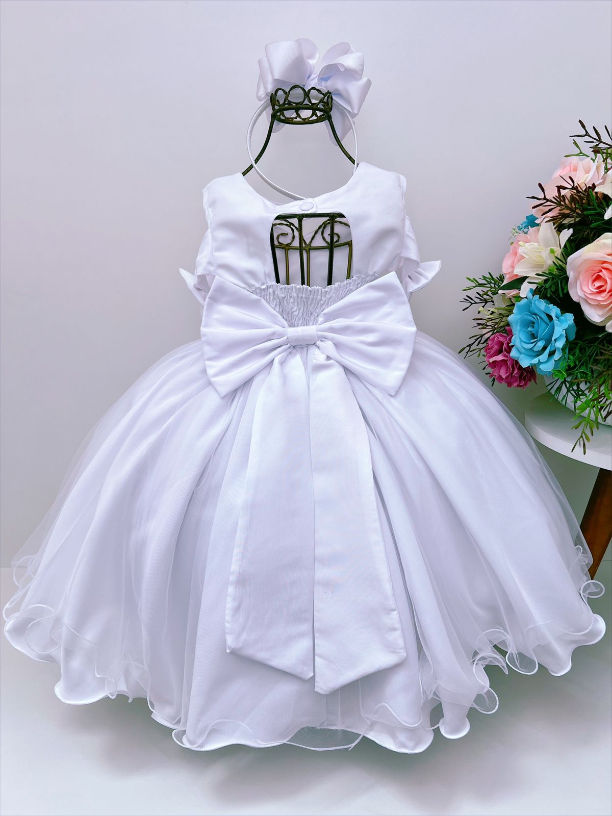 Vestido Infantil Branco C/ Cinto de Pérolas Strass Luxo