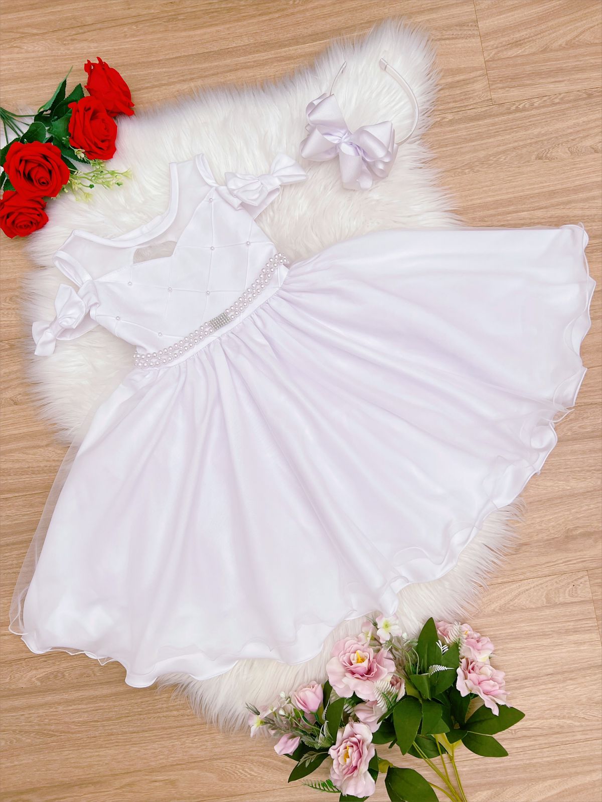 Vestido Infantil Branco C/ Cinto de Pérolas Strass Luxo