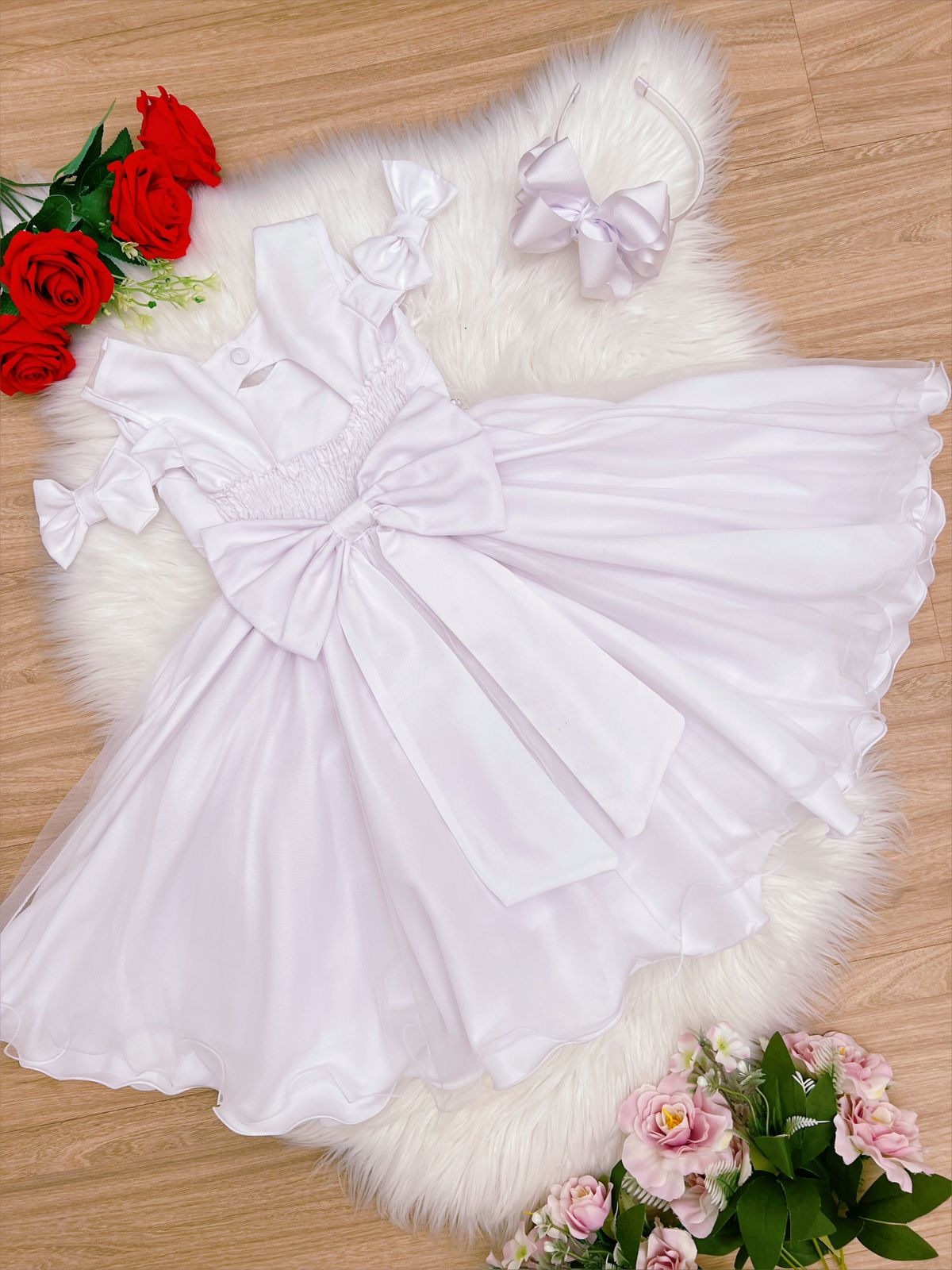 Vestido Infantil Branco C/ Cinto de Pérolas Strass Luxo