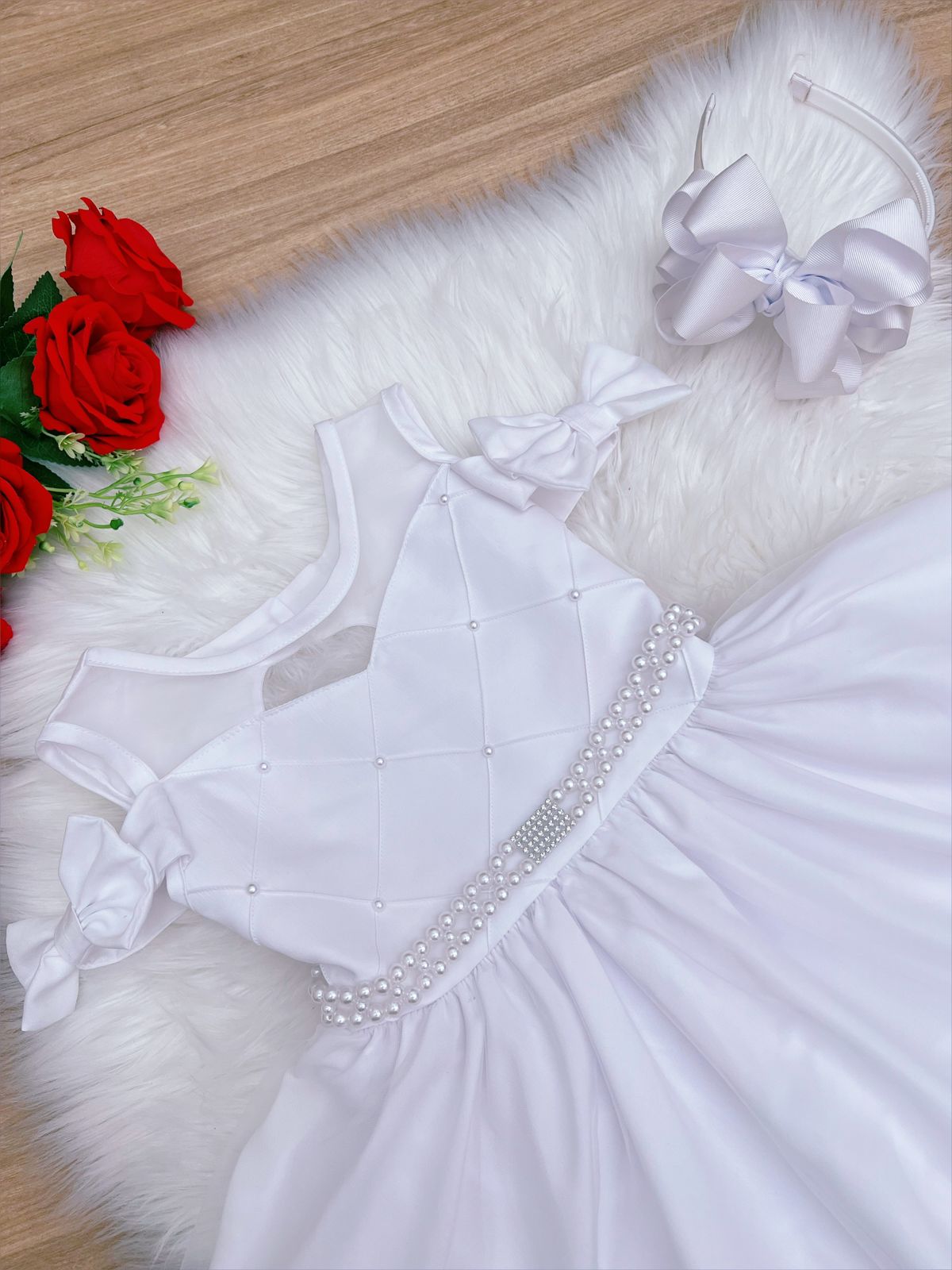 Vestido Infantil Branco C/ Cinto de Pérolas Strass Luxo