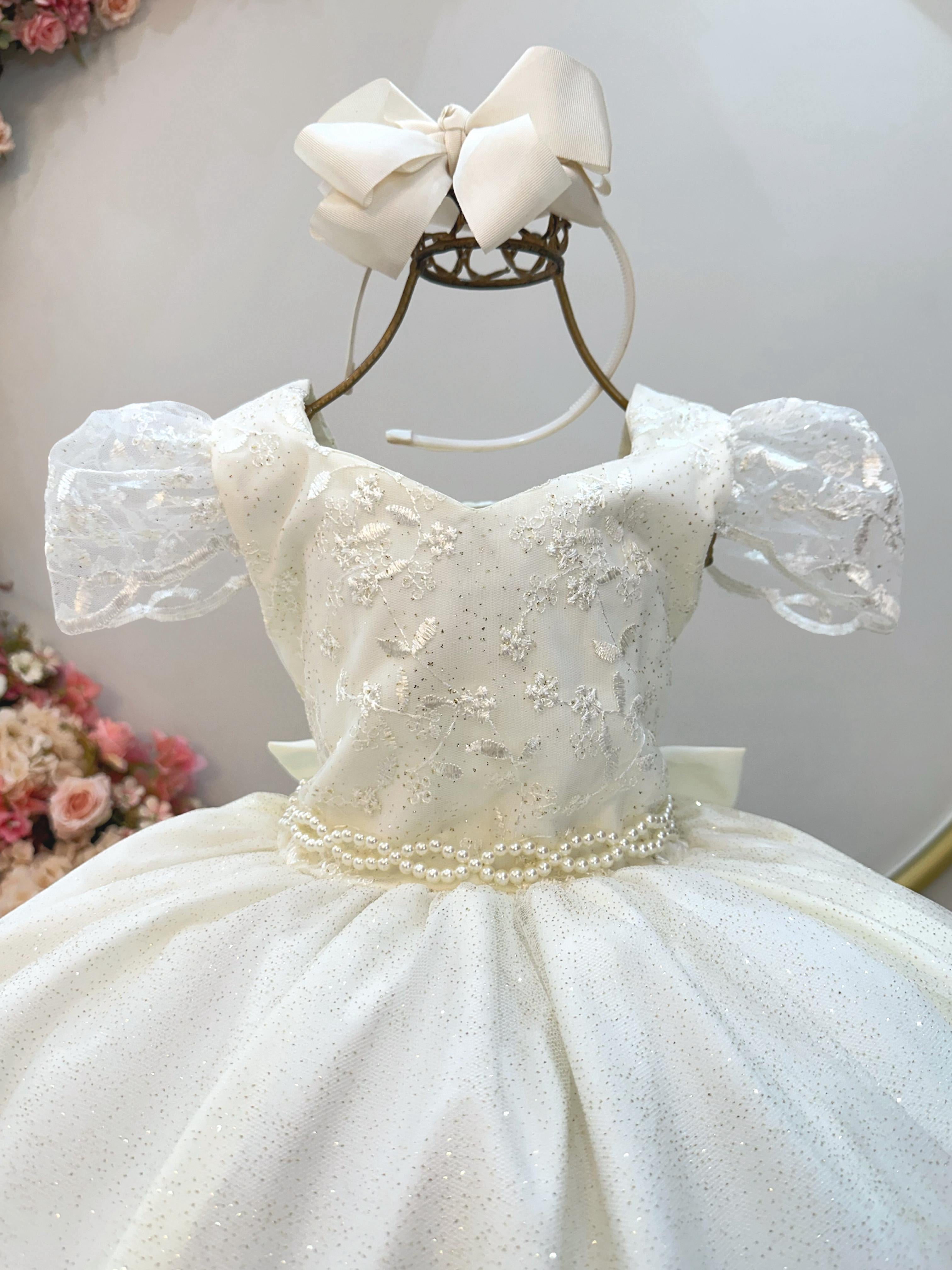 Vestido Infantil Marfim Renda Cinto de Pérolas Festas