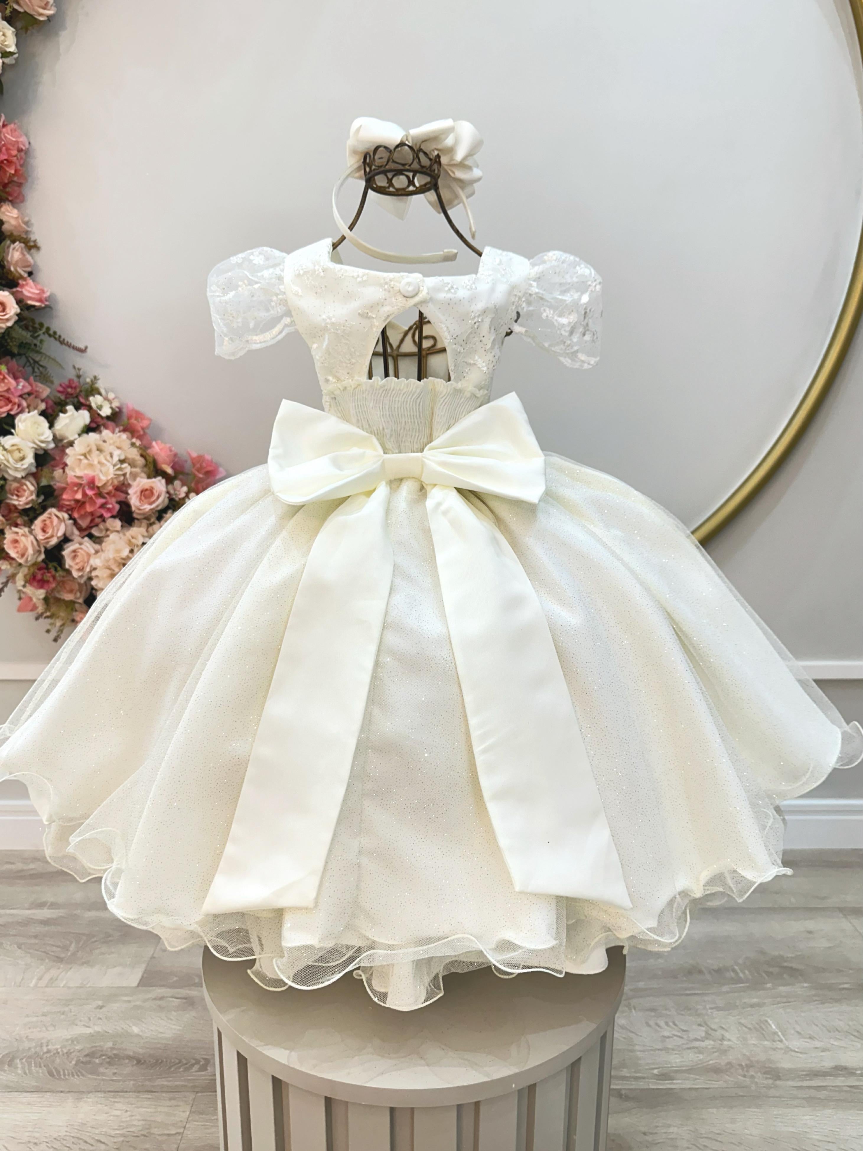 Vestido Infantil Marfim Renda Cinto de Pérolas Festas