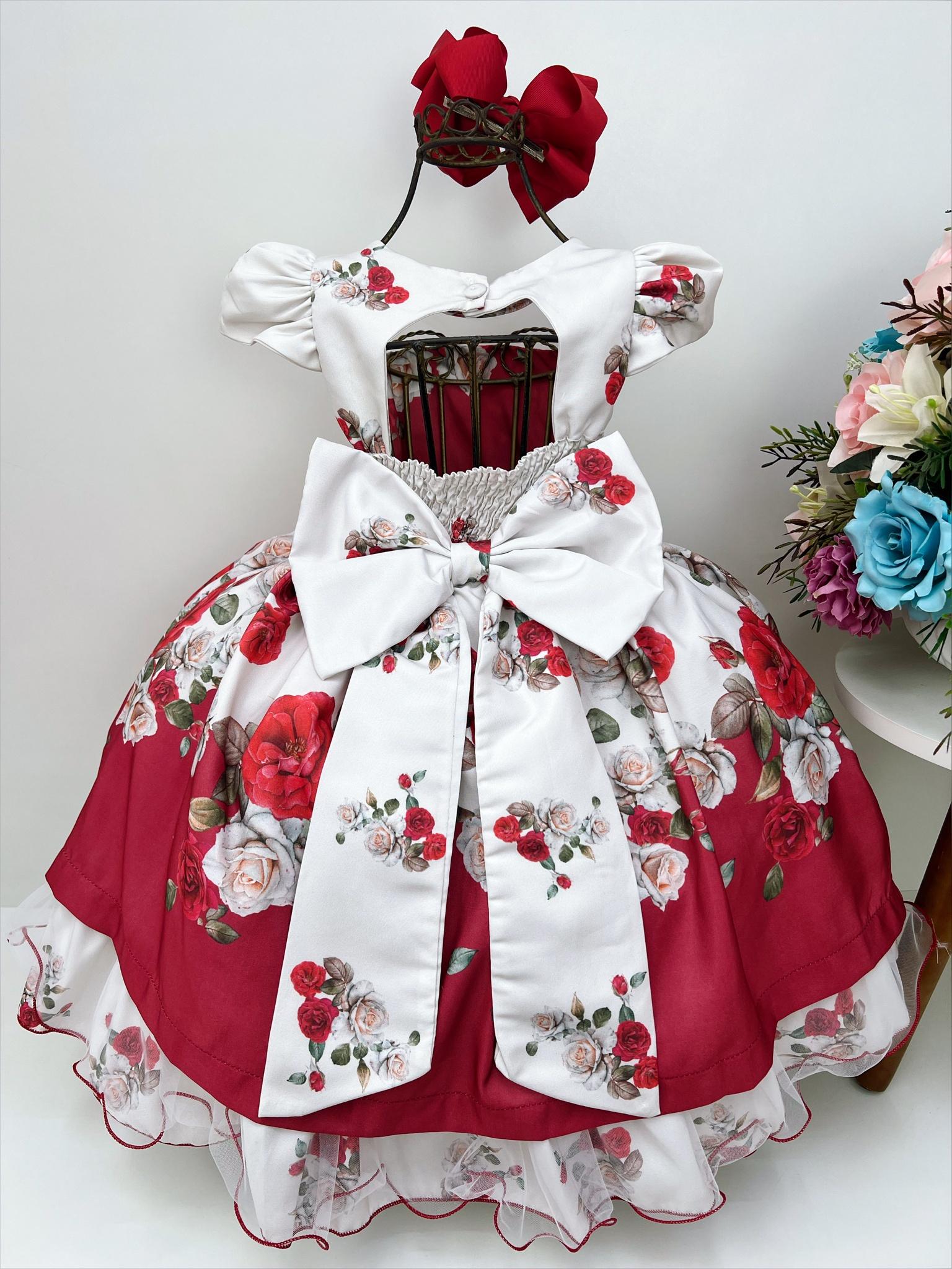 Vestido Infantil Off Floral Vermelho Cinto de Pérolas Luxo