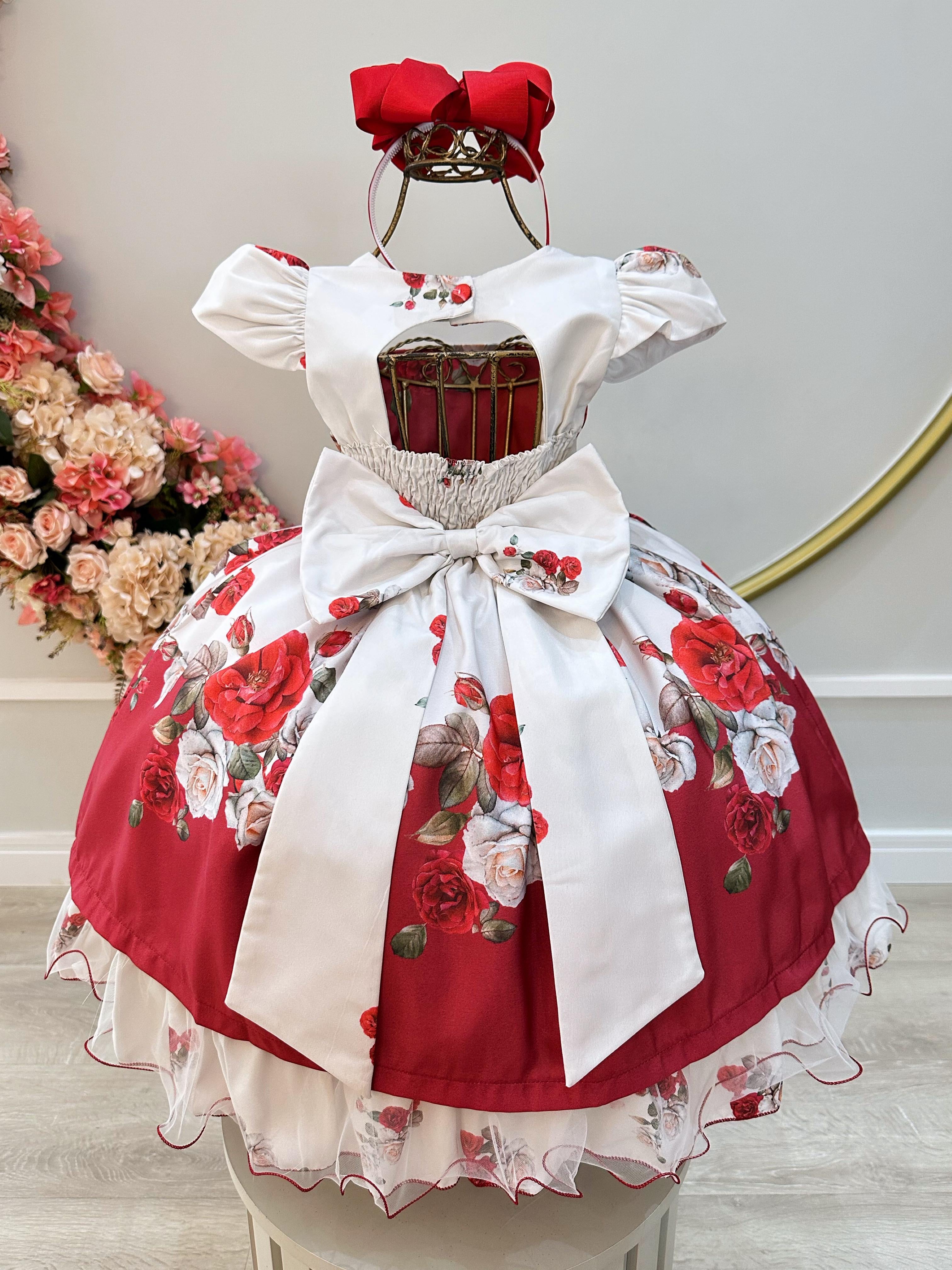 Vestido Infantil Off Floral Vermelho Cinto de Pérolas Luxo