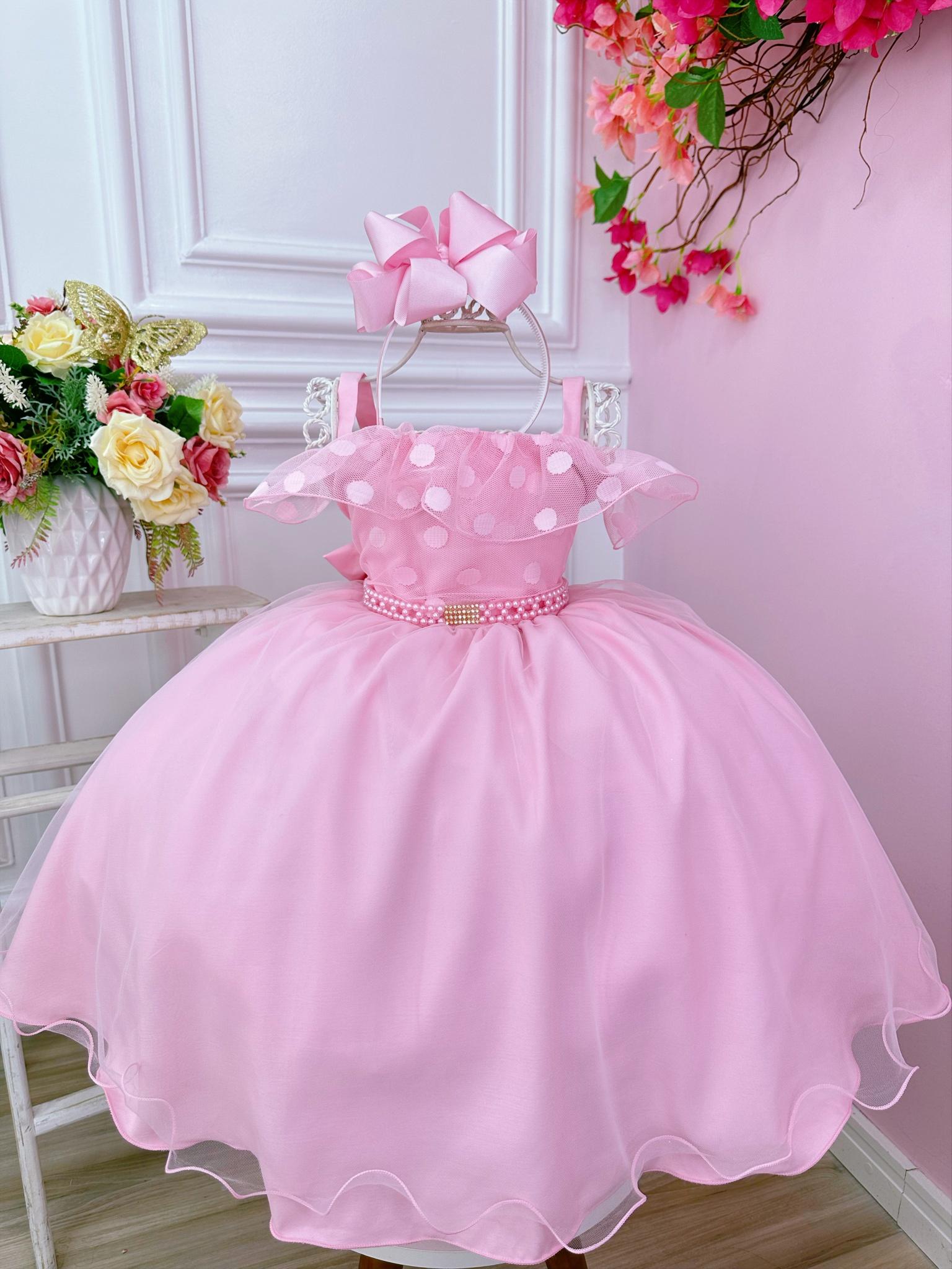 Vestido Infantil Rosa Bolinhas Cinto de Pérolas e Strass