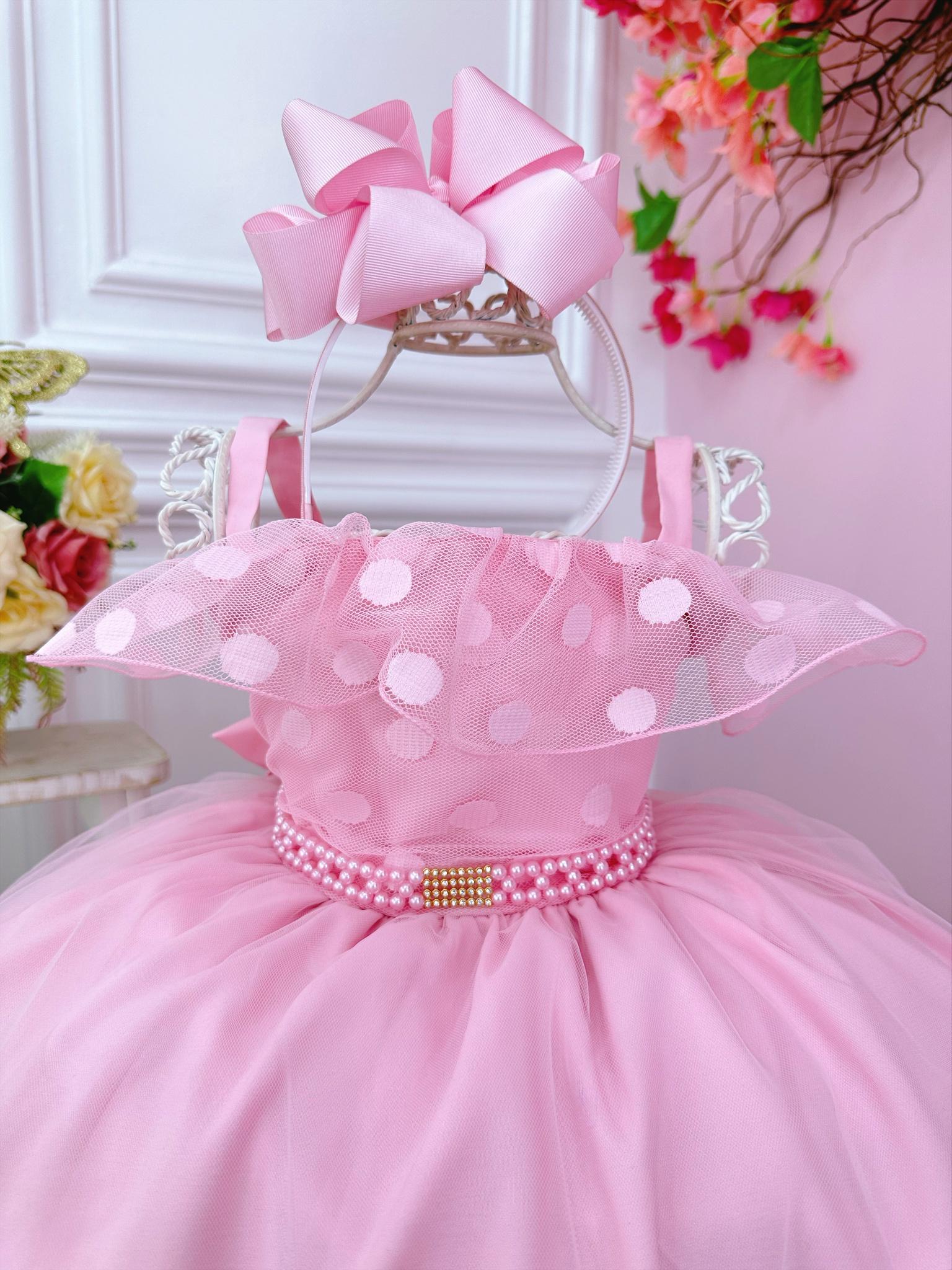 Vestido Infantil Rosa Bolinhas Cinto de Pérolas e Strass