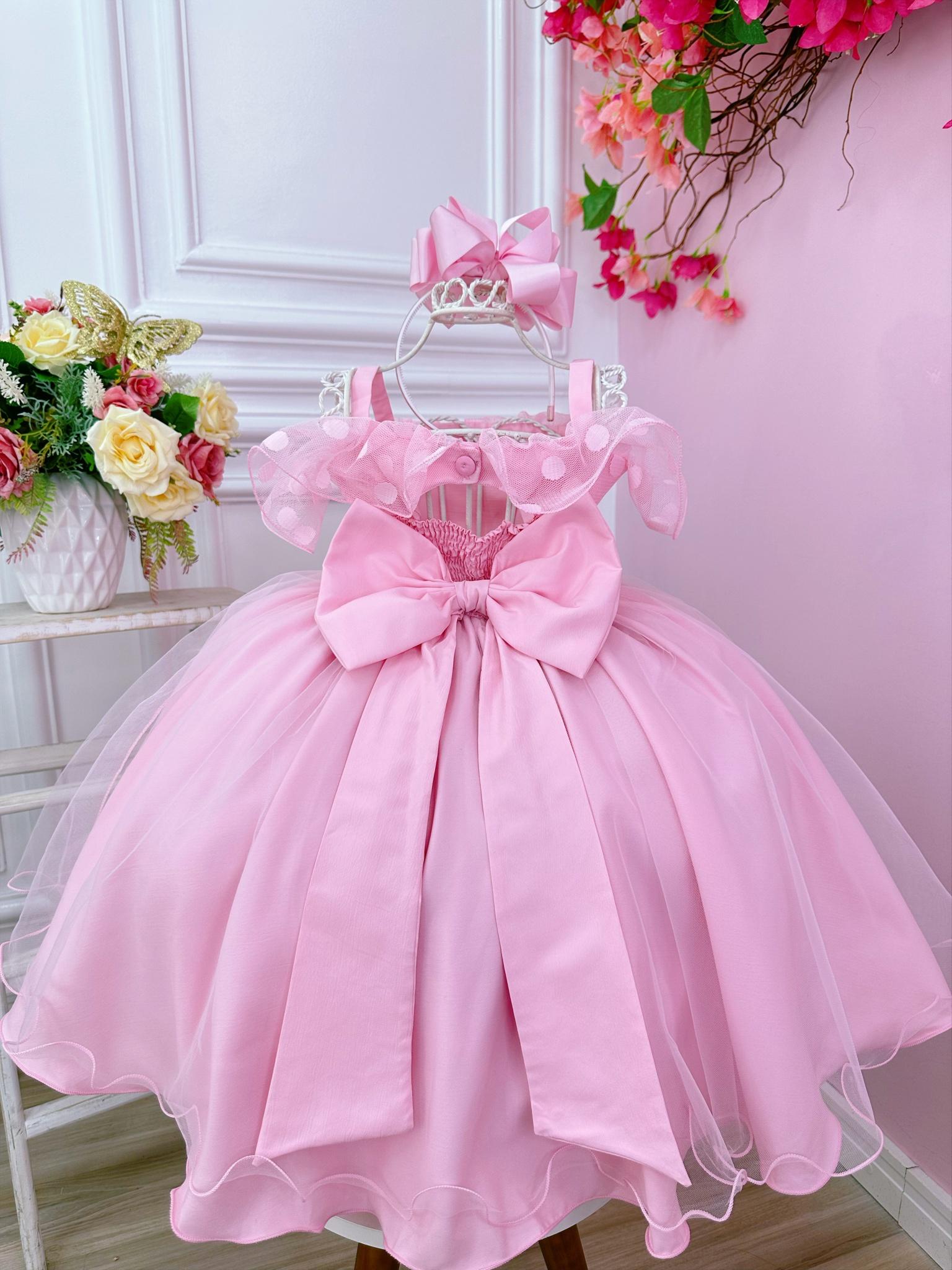 Vestido Infantil Rosa Bolinhas Cinto de Pérolas e Strass