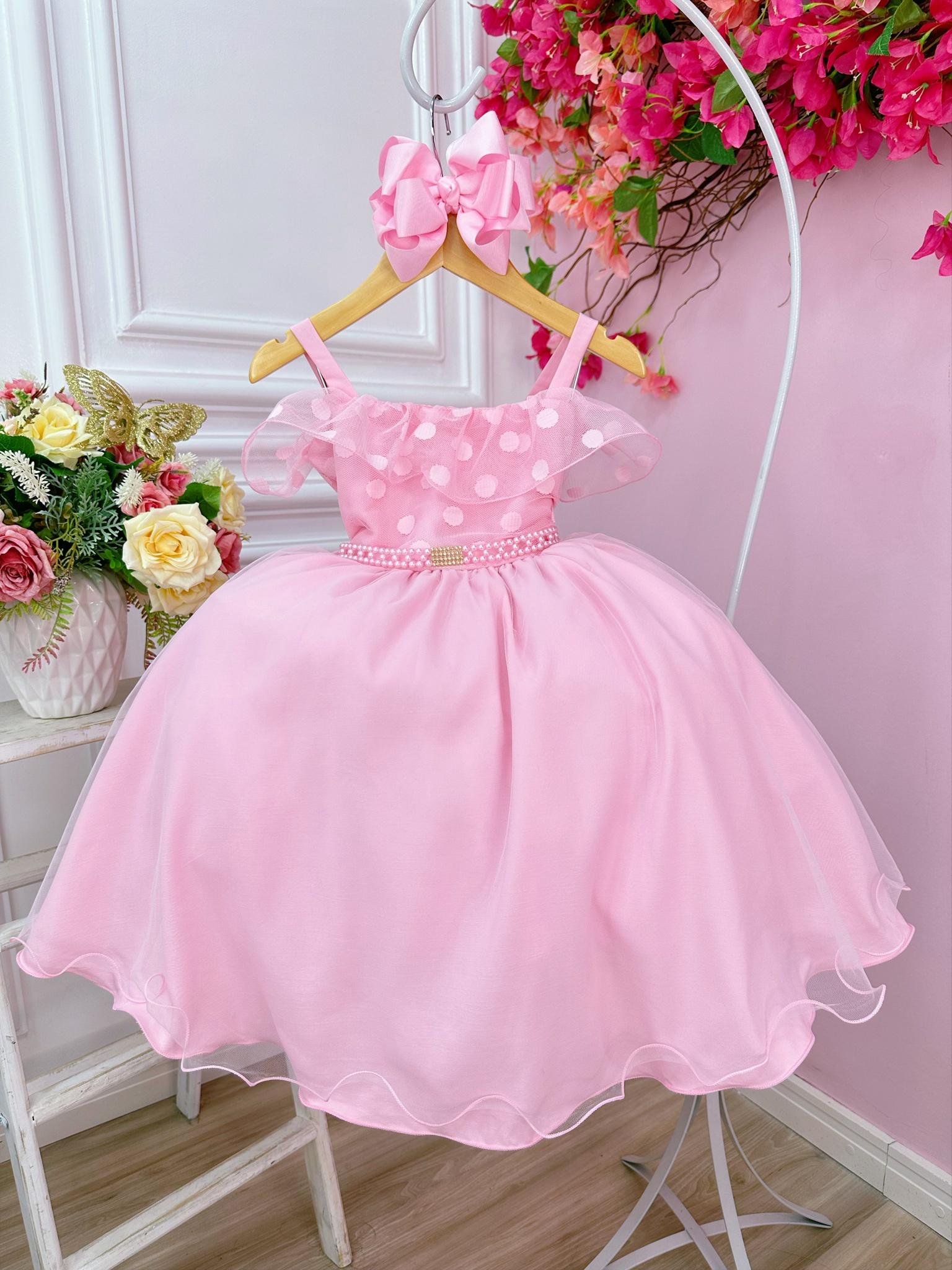 Vestido Infantil Rosa Bolinhas Cinto de Pérolas e Strass