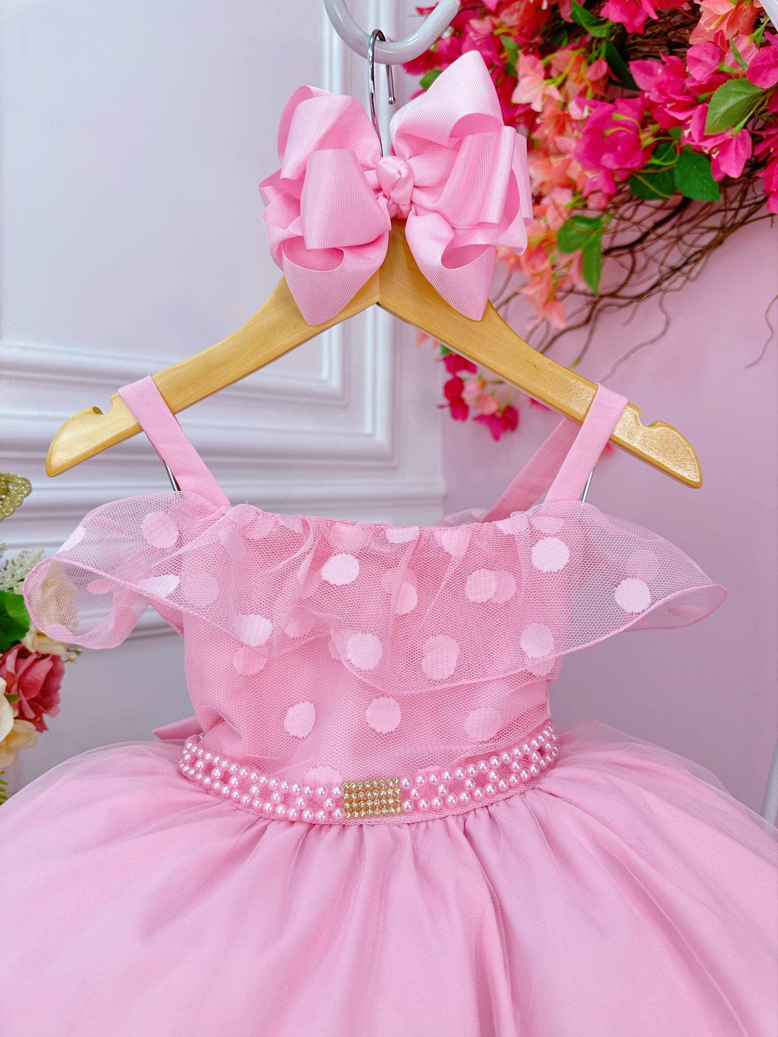 Vestido Infantil Rosa Bolinhas Cinto de Pérolas e Strass