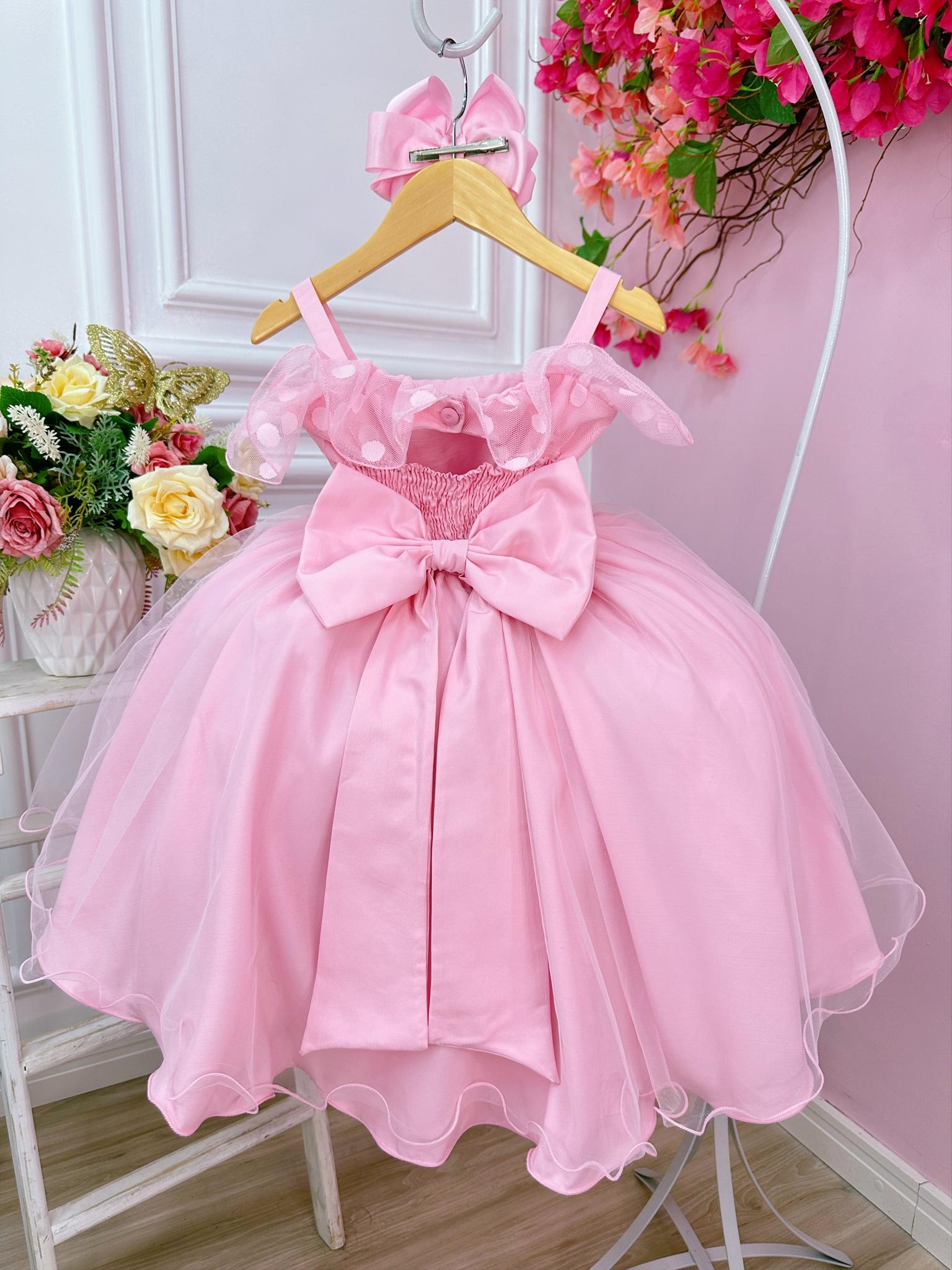 Vestido Infantil Rosa Bolinhas Cinto de Pérolas e Strass