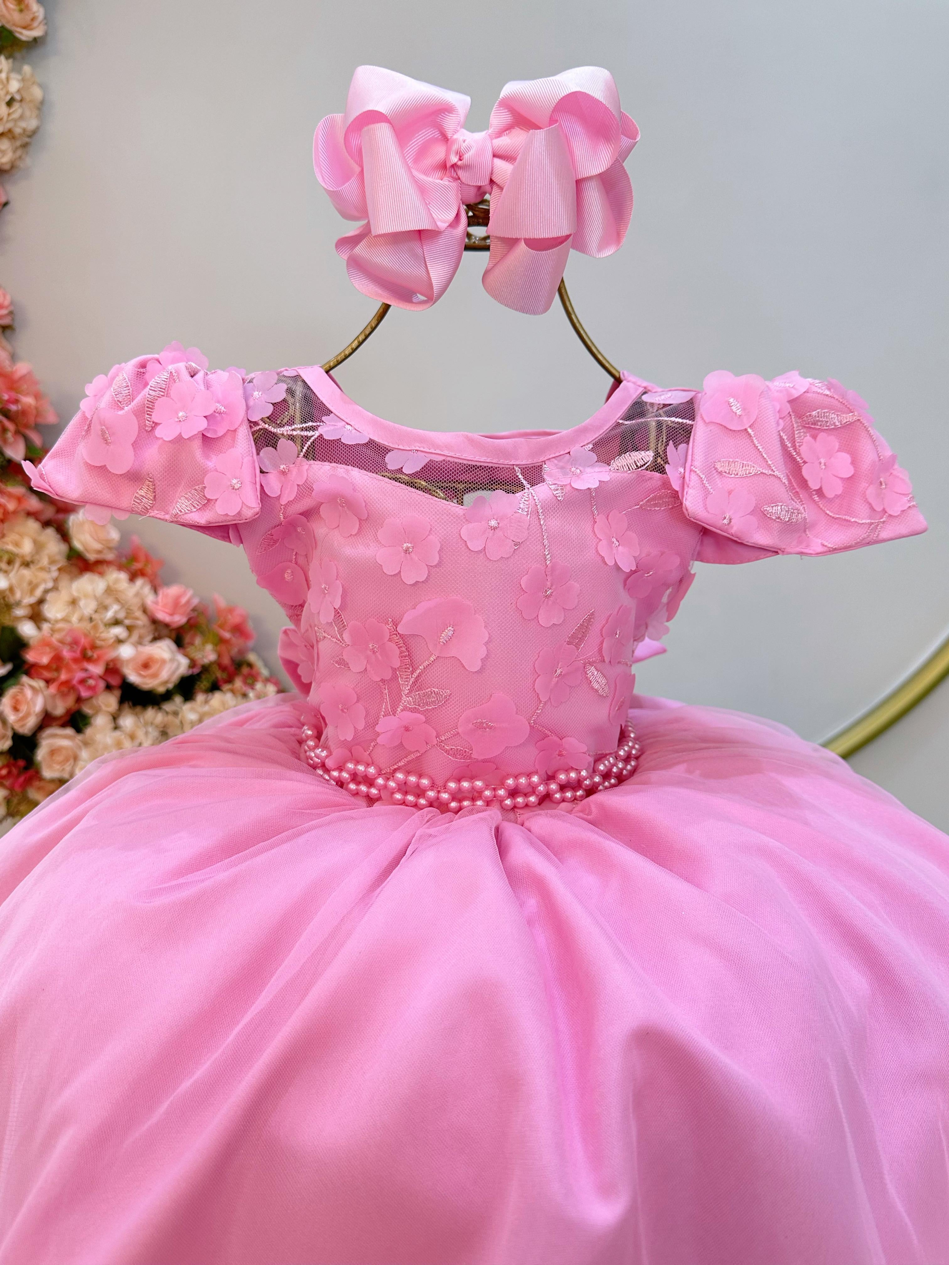 Vestido Infantil Rosa C/ Apliques de Flores e Renda Damas
